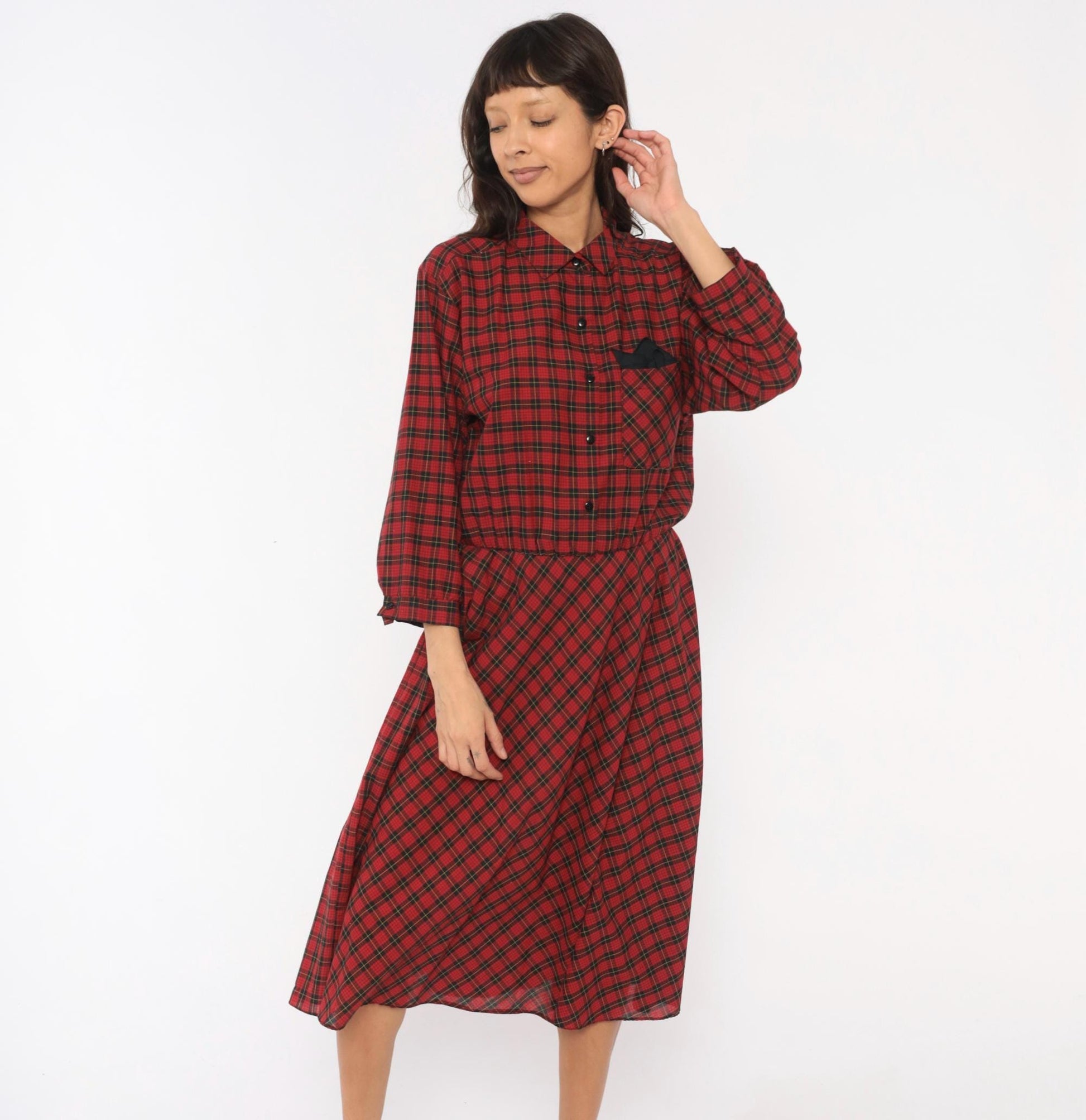 80s Alison Peters Plaid Shirtdress Red Black Tartan Midi Pleated Cotton Medium Large
