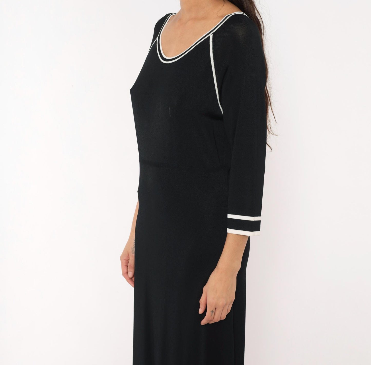 90s Norm Thompson Black Knit Maxi Dress Scoop Neck White Piping Small