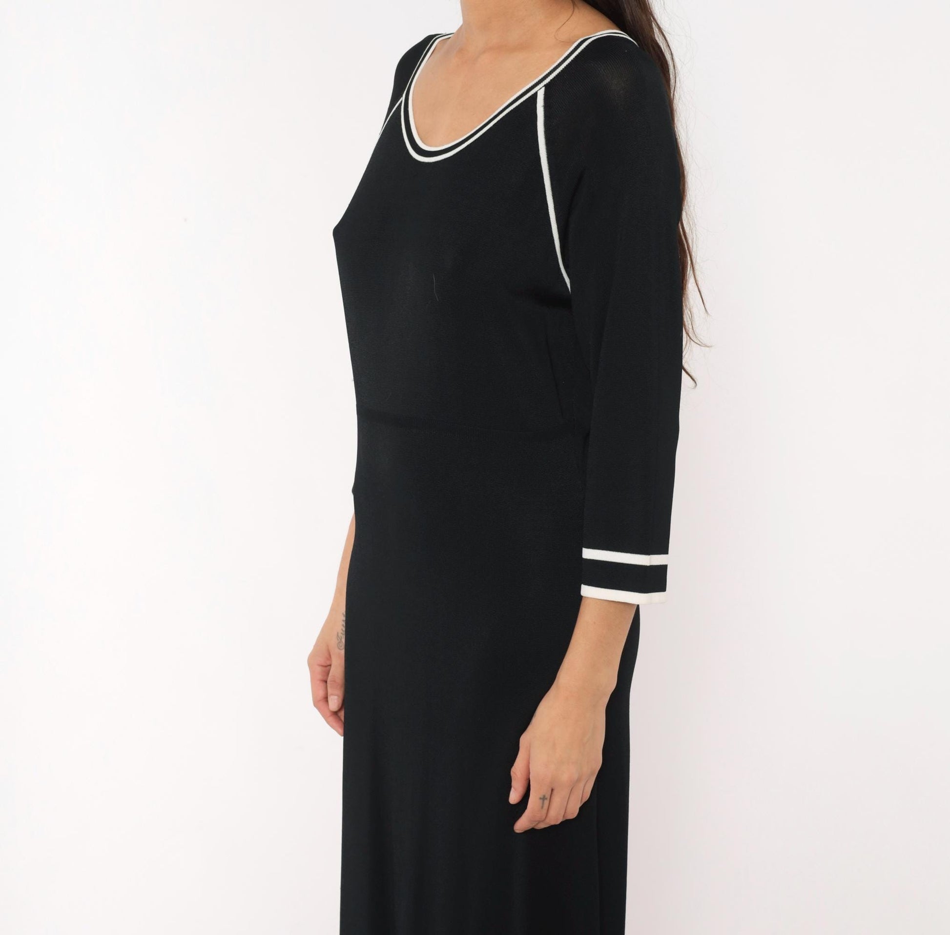 90s Norm Thompson Black Knit Maxi Dress Scoop Neck White Piping Small