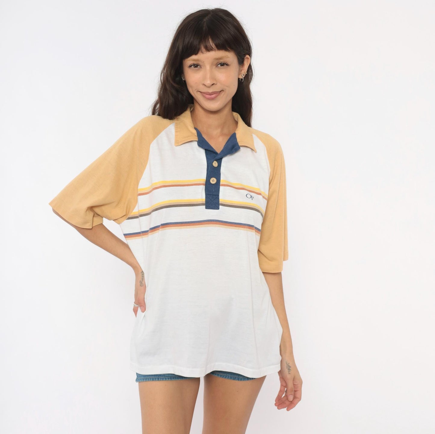 80s Ocean Pacific Polo Striped Raglan White Navy Cotton Shirt Extra Large XL