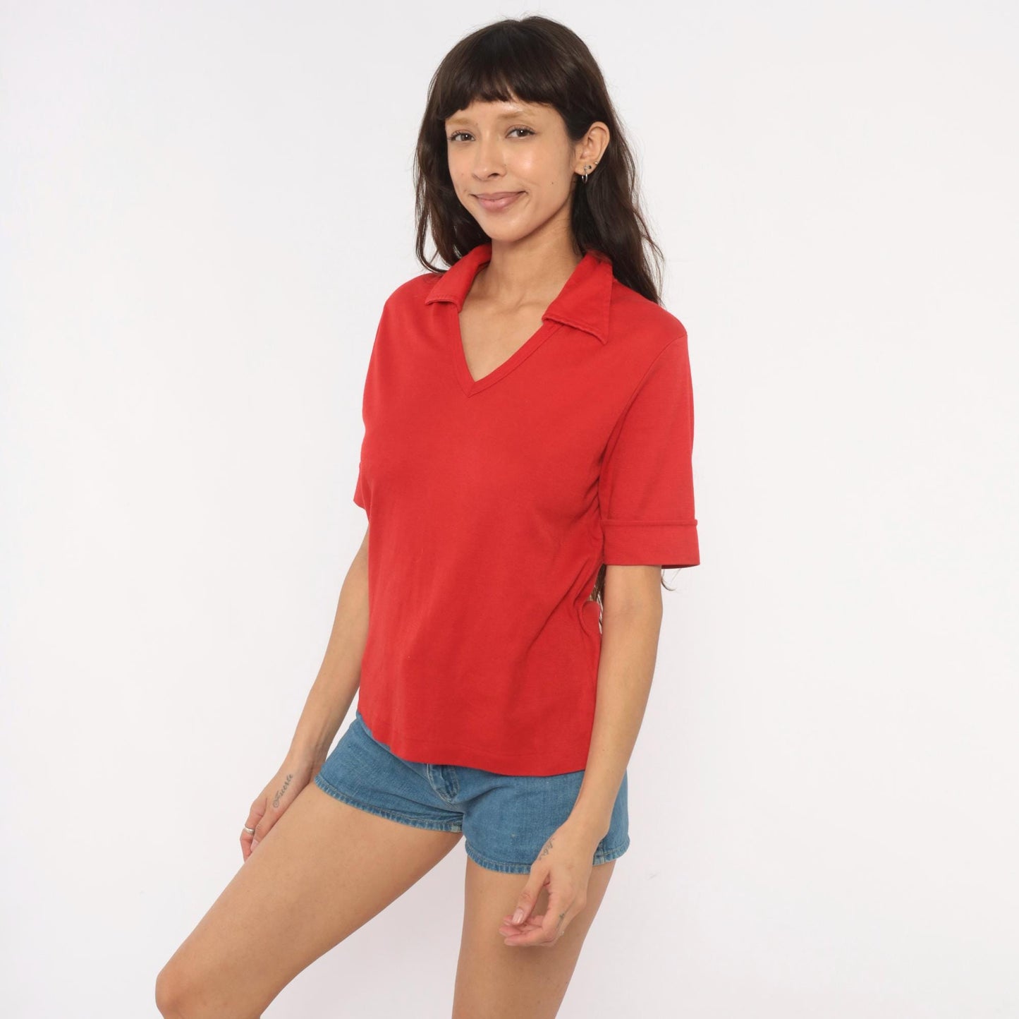 70s Red Polo Shirt V-Neck Spread Collar Short Sleeve Pullover Large L