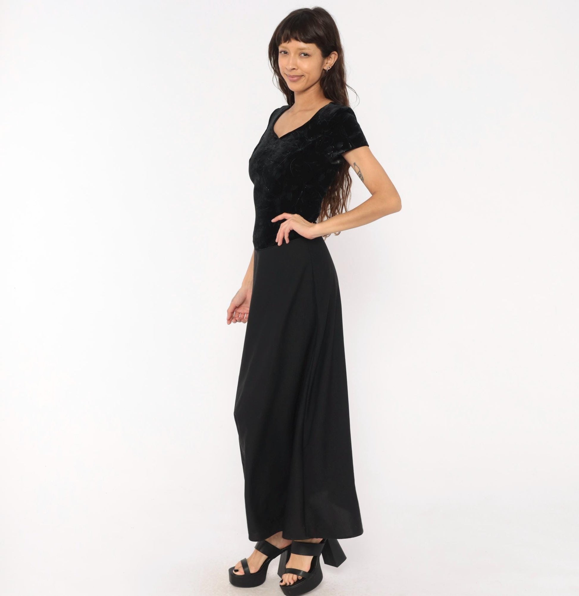 90s Southeastern Velvet Burnout Maxi Dress Black Floral V-Neck Extra Small