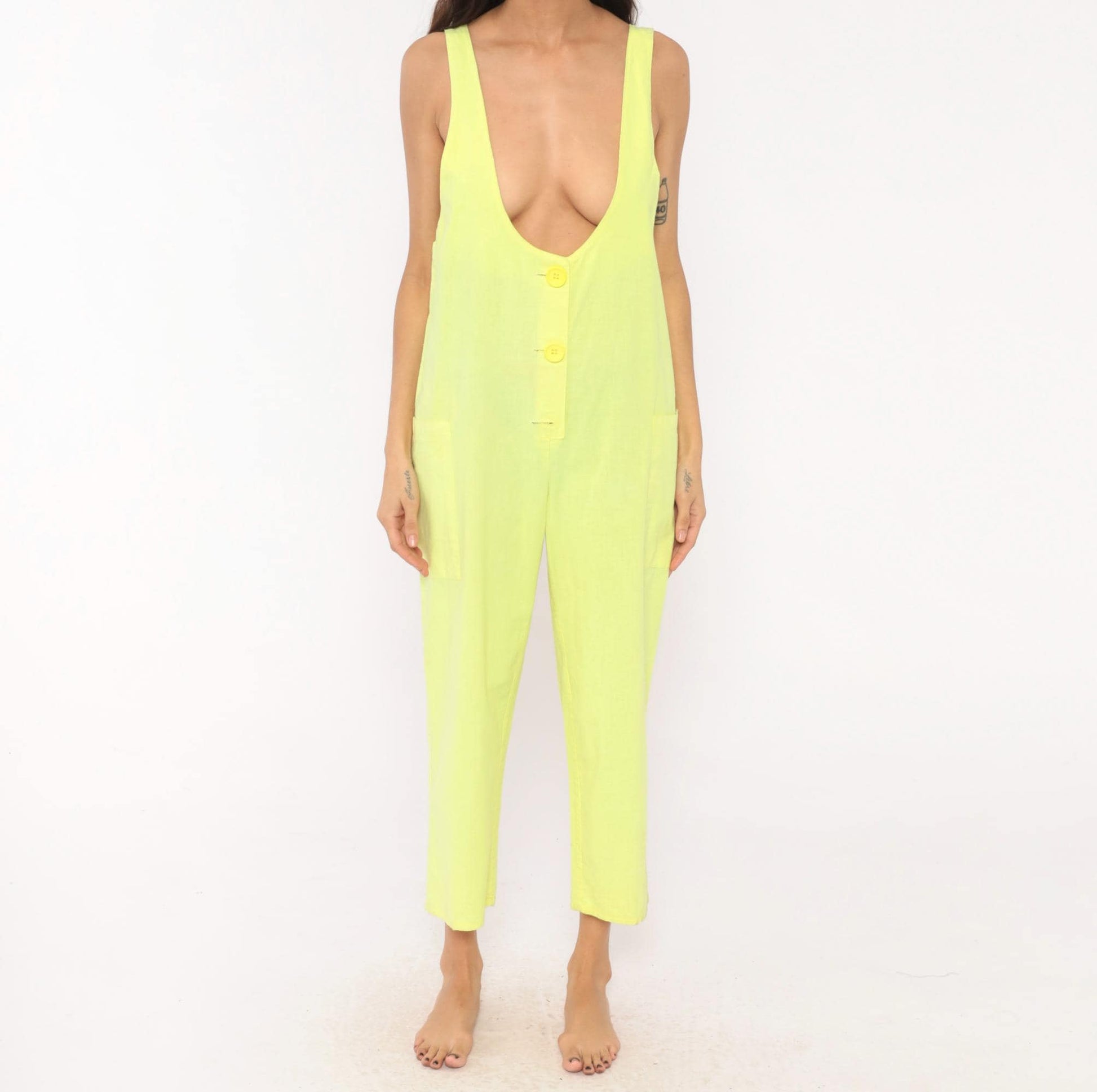 90s Ginger Neon Yellow Cotton Jumpsuit Deep V Neck Ankle Length Medium M