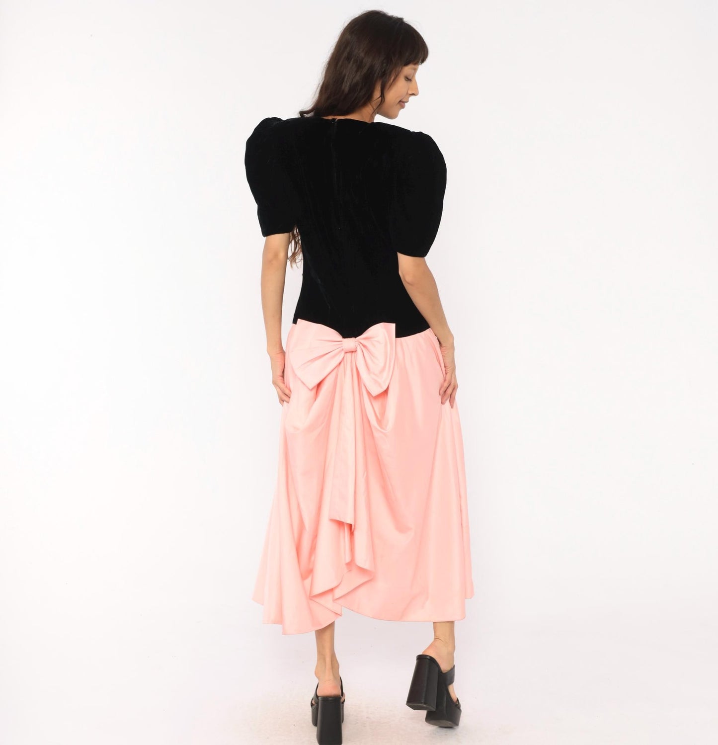 80s S.G. Gilbert Black Velvet Puff Sleeve Maxi Dress Pink Satin Bow Large