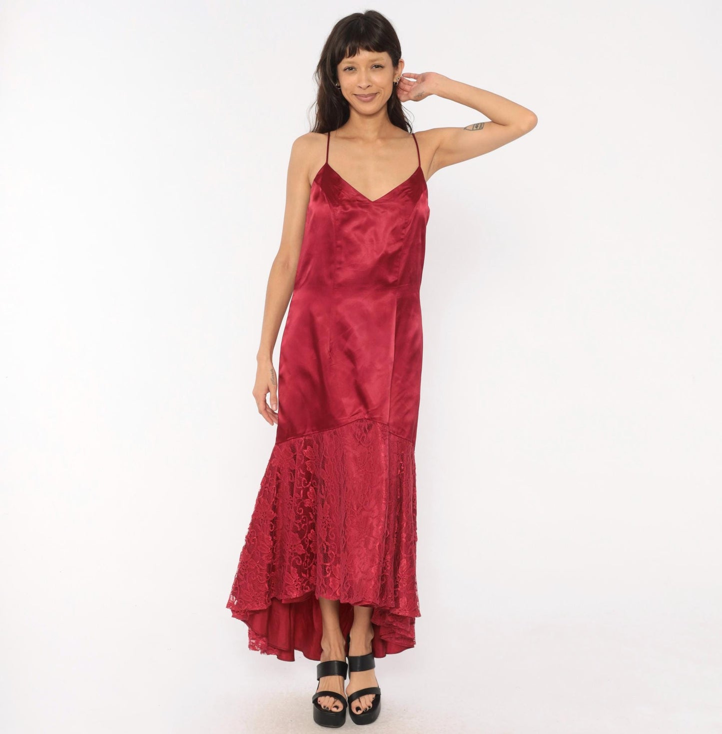 80s Burgundy Satin Slip Dress Mermaid Lace Hem V Neck Low Back Large L