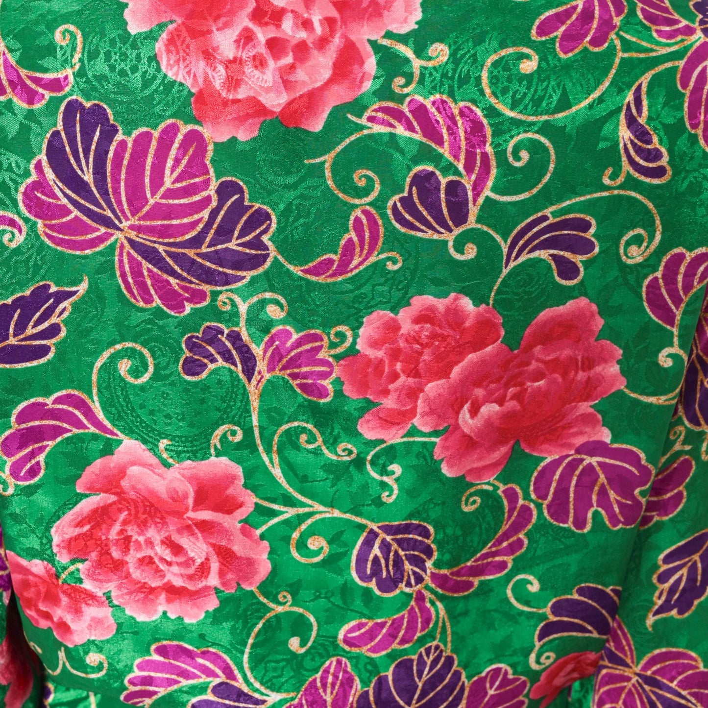 90s Victoria's Secret Green Floral Kimono Robe Satin Trim Medium Large