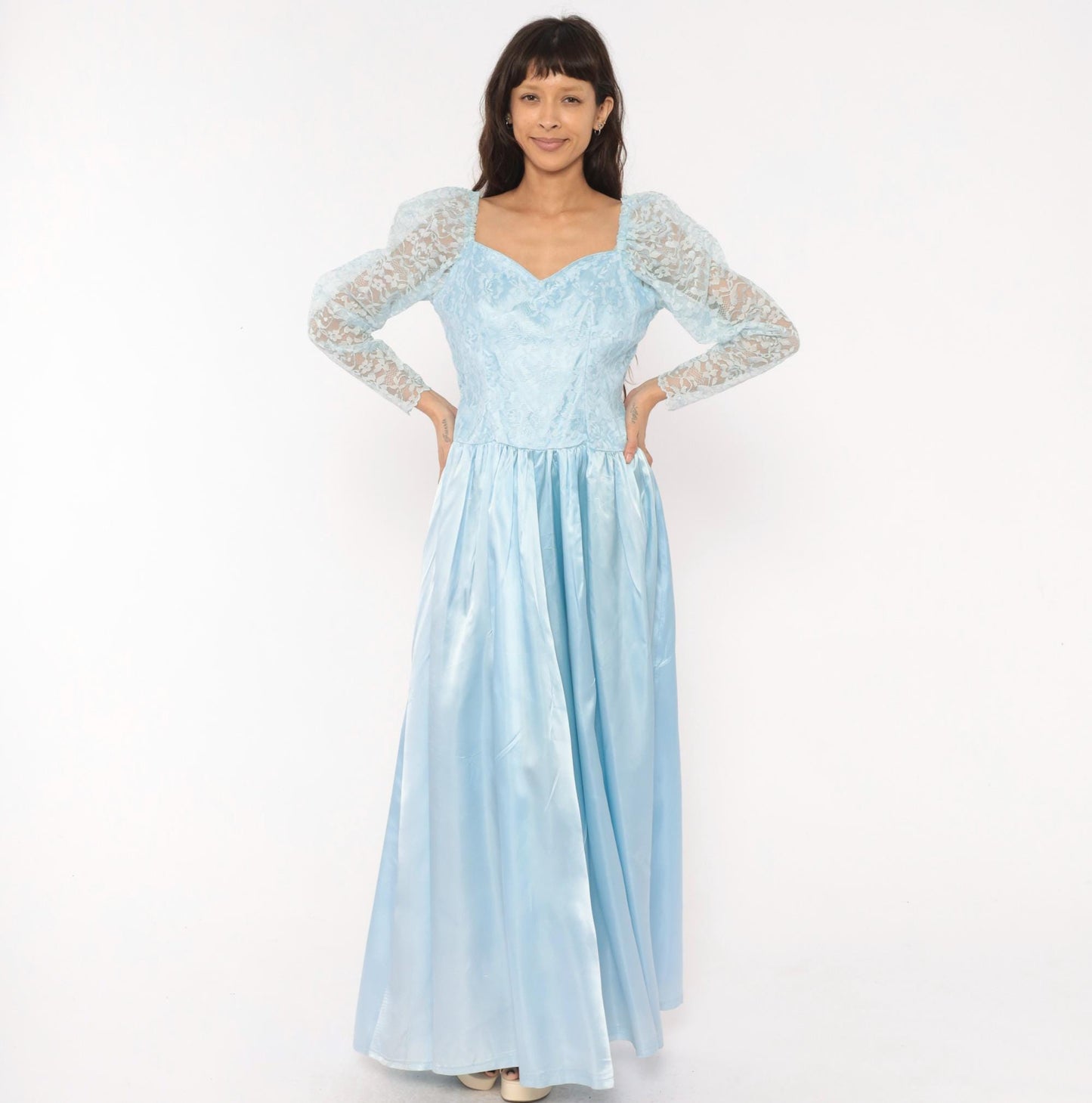 80s Sky Blue Lace Maxi Gown Sweetheart Neckline Drop Waist Bow Back Large L