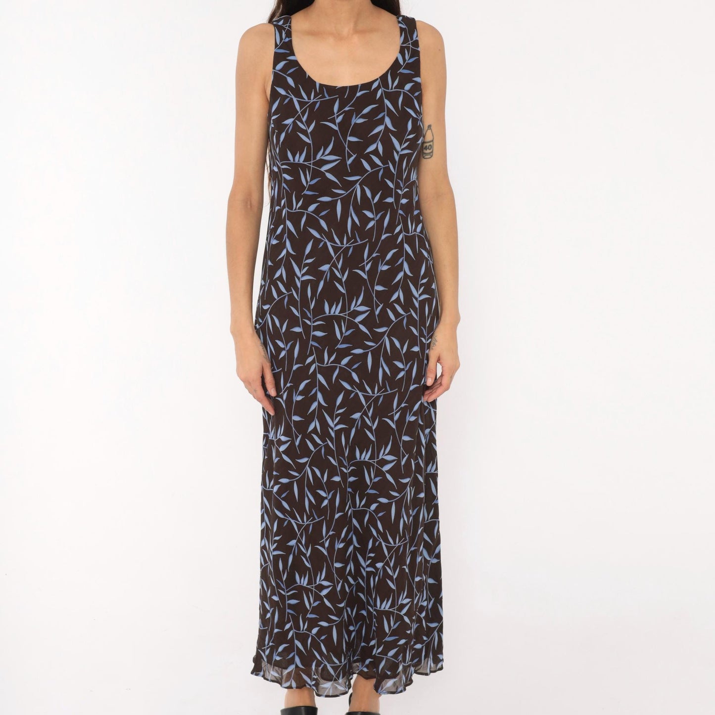90s Carole Little Maxi Dress Brown Blue Leaf Print Scoop Neck Small S