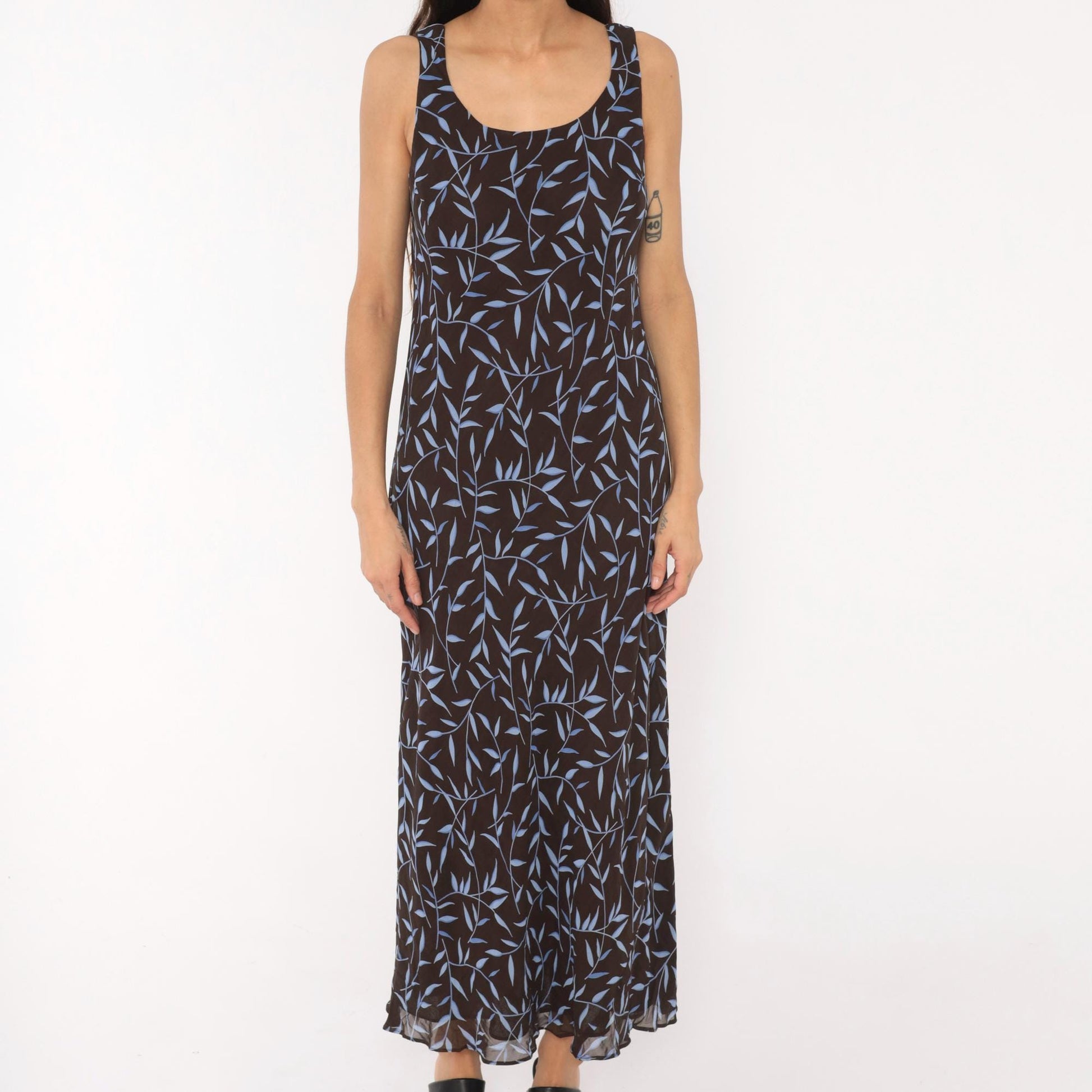 90s Carole Little Maxi Dress Brown Blue Leaf Print Scoop Neck Small S