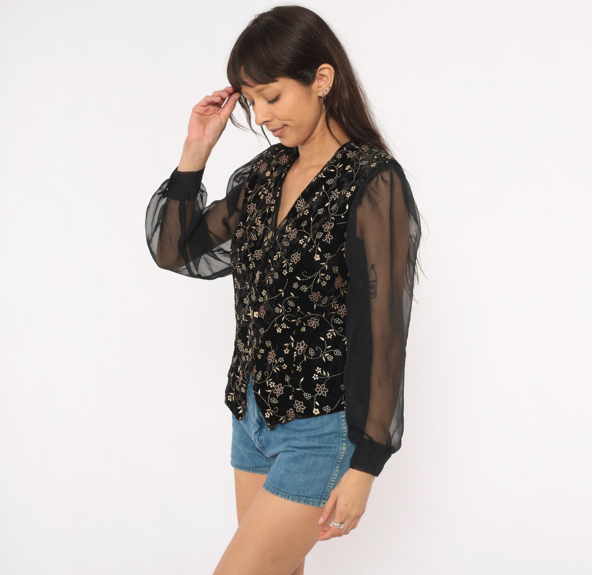 90s Another Thyme Black Velvet Blouse Gold Floral Embroidery Peplum Small