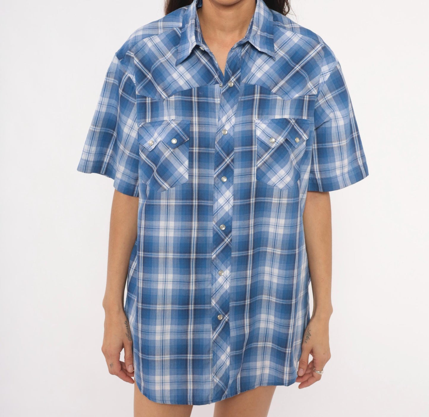 Y2K Wrangler Western Pearl Snap Shirt Blue Plaid Cotton Blend Large L