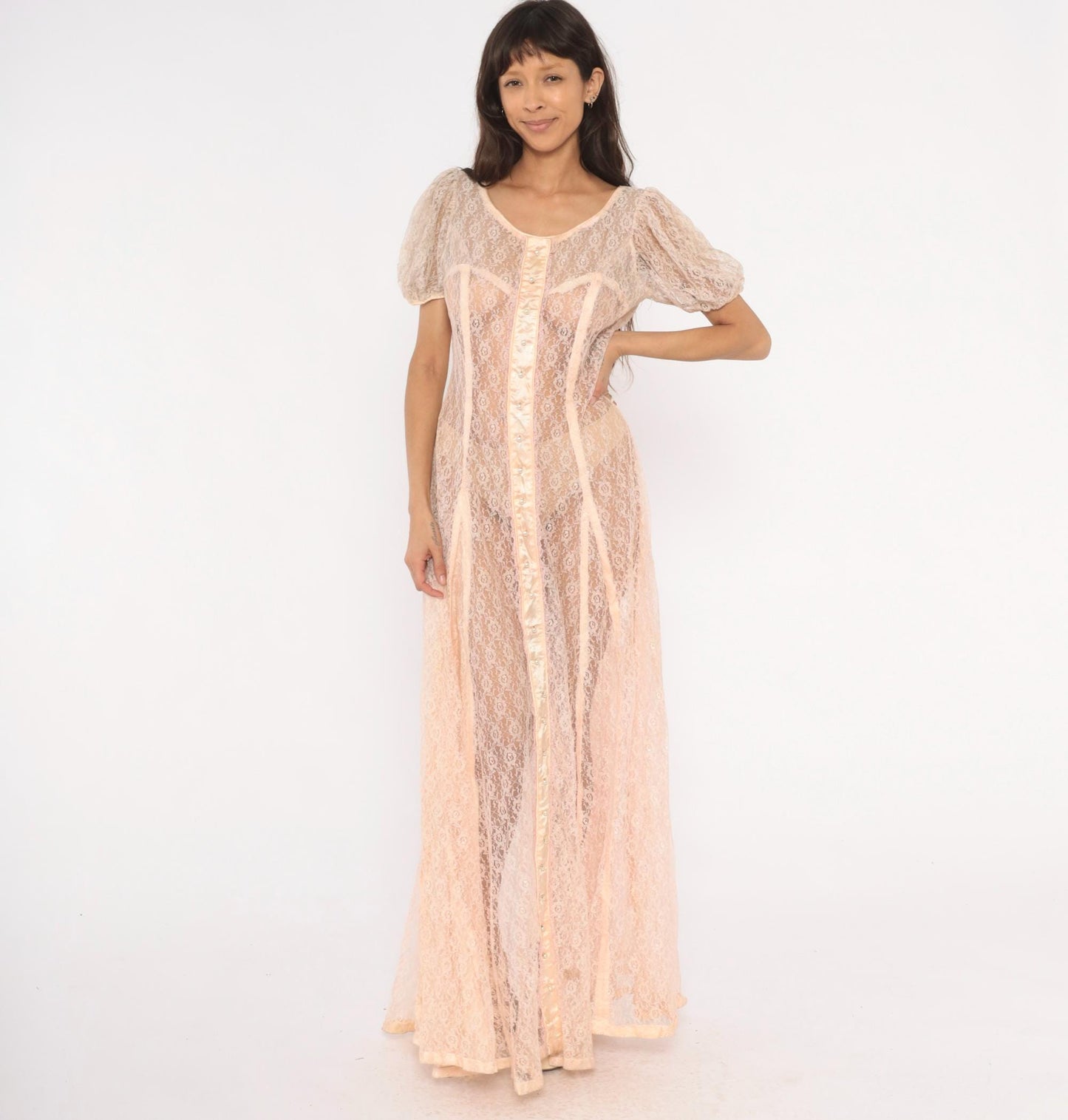 1950s Blush Pink Sheer Lace Maxi Gown Puff Sleeve Corset Bodice Large L