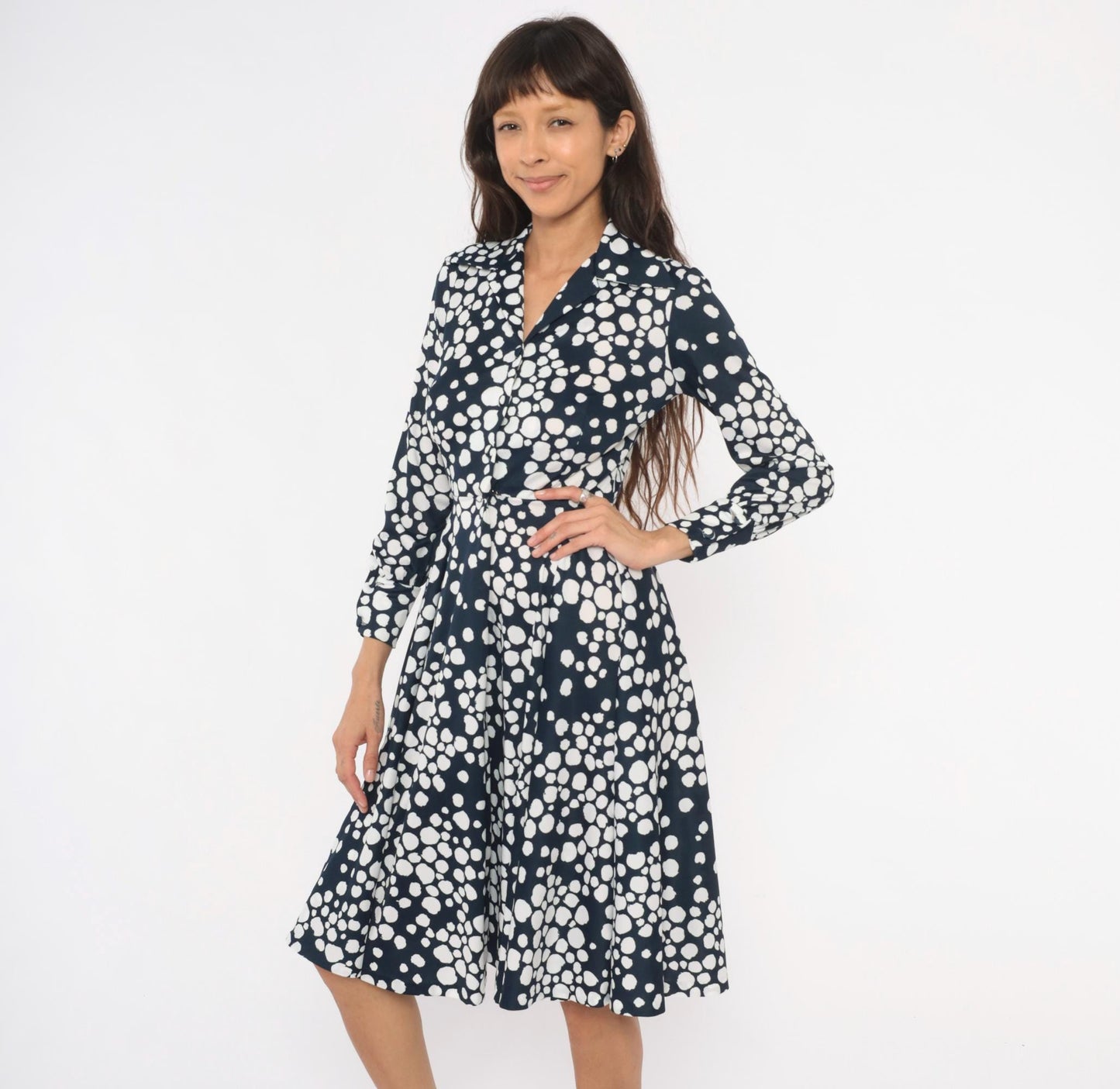 70s Gail Gray Navy Polka Dot Wrap Dress V Neck Button Front Knee Length Extra Small XS