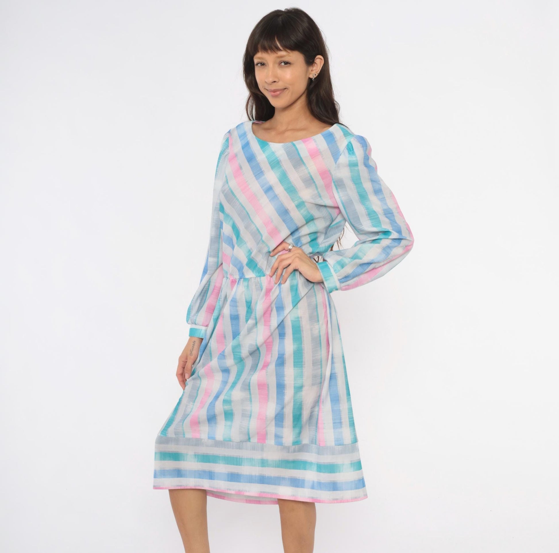 80s Pastel Stripe Diagonal Drop Waist Dress Pink Teal Bishop Sleeve Large L