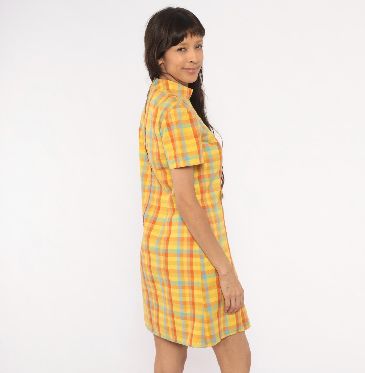 60s Plaid Mini Dress Yellow Orange Blue Check Mock Neck Cotton Small