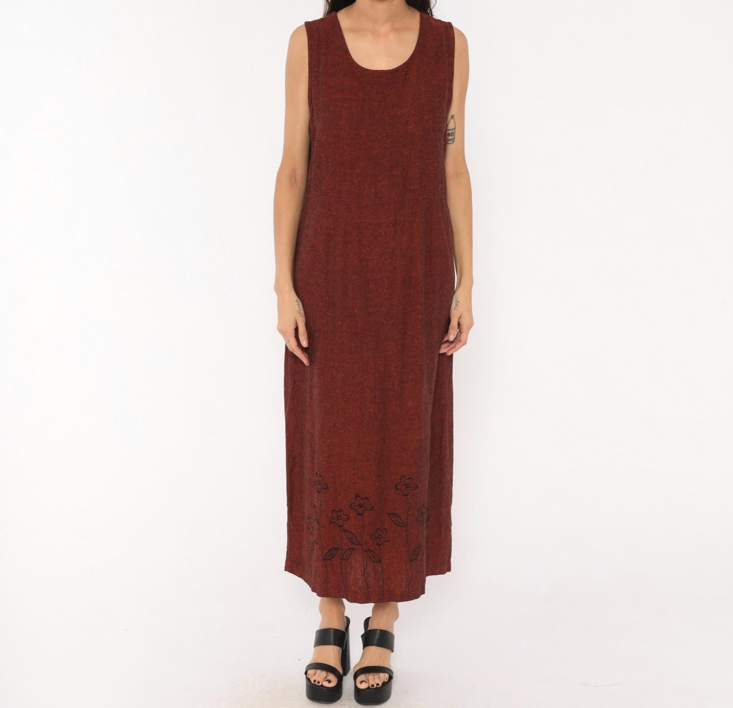 90s Country Wear Casuals Burgundy Linen Maxi Dress Floral Embroidery Large Petite