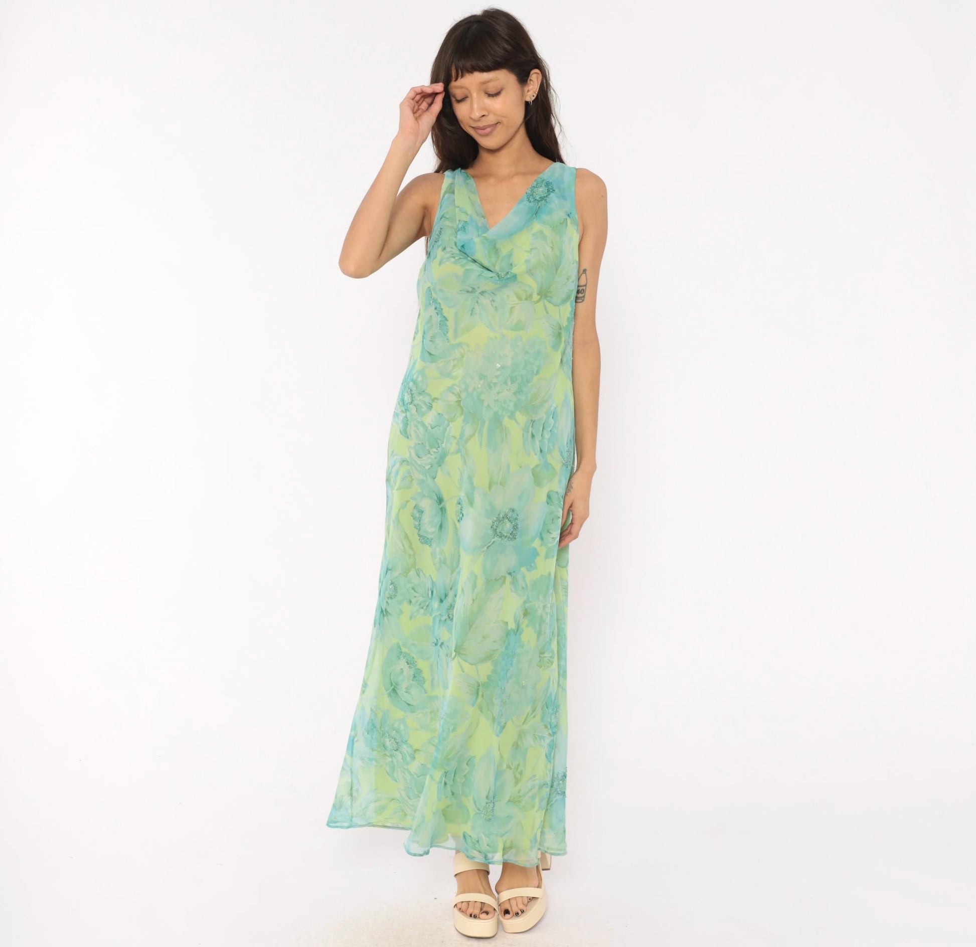 90s Plaza South Floral Chiffon Maxi Dress Aqua Lime Sequin V-Neck Extra Large XXL