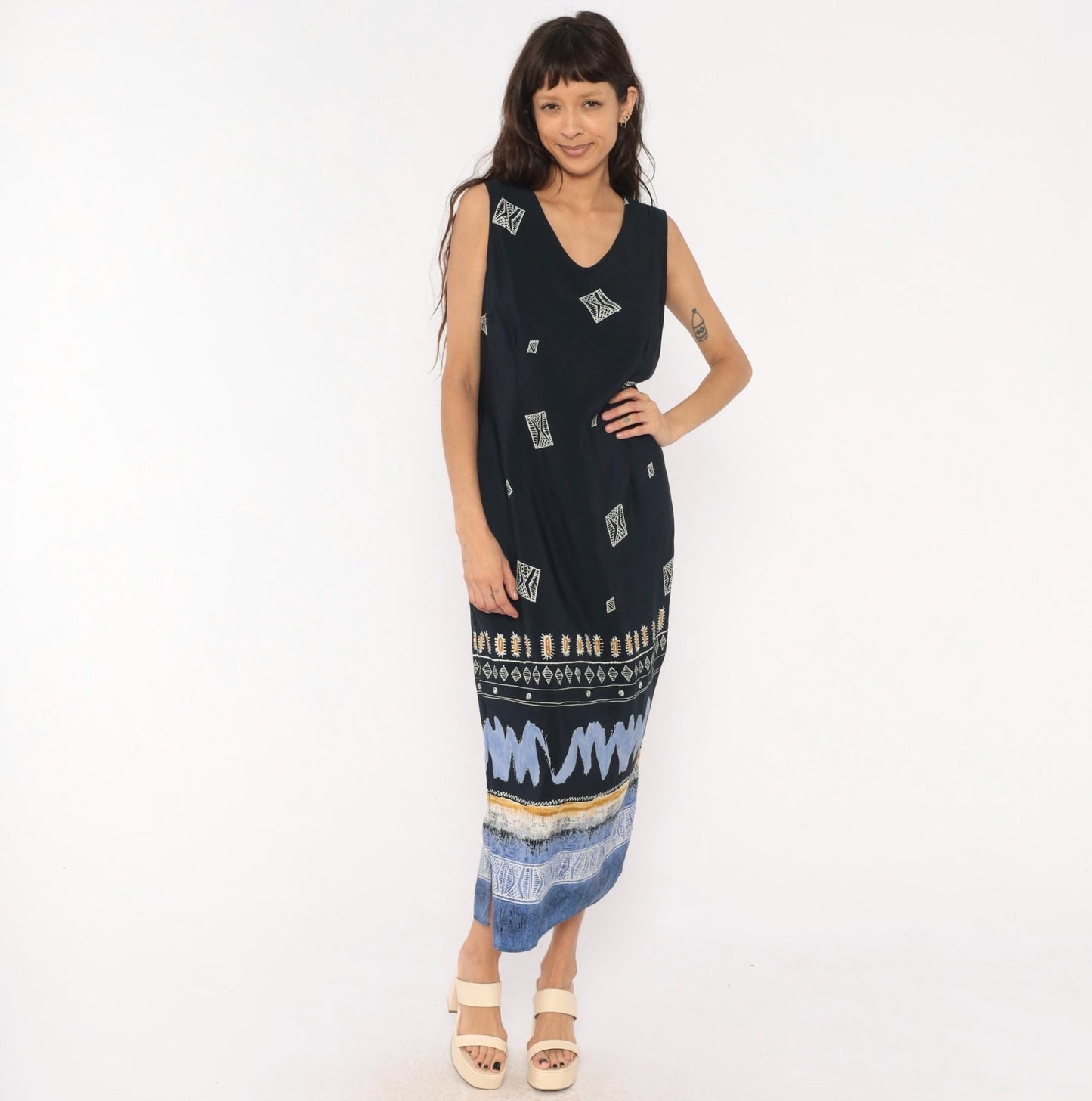 90s Dress Barn Navy Maxi Dress Geometric Tribal Border Sleeveless Large L