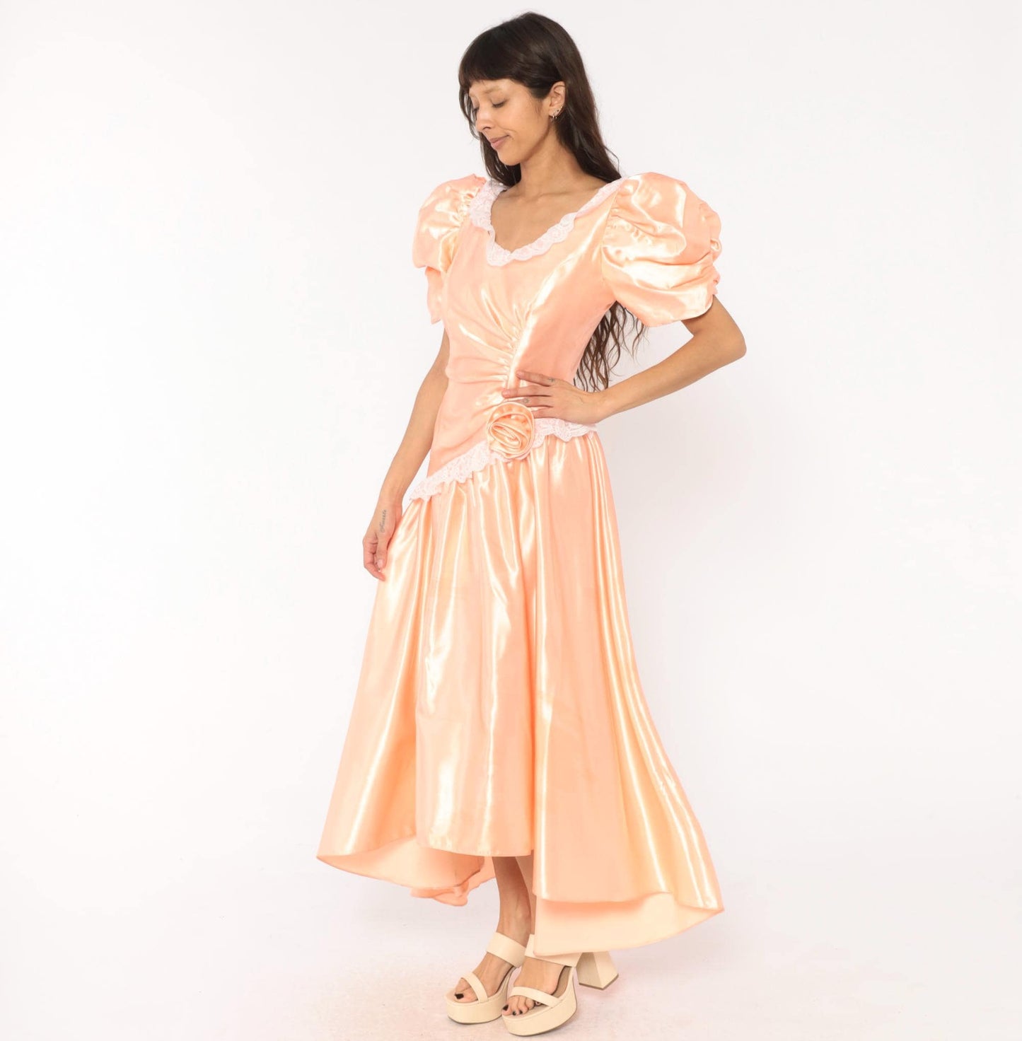 80s Peach Satin Prom Gown Puff Sleeve V Neck Drop Waist Rosette Medium