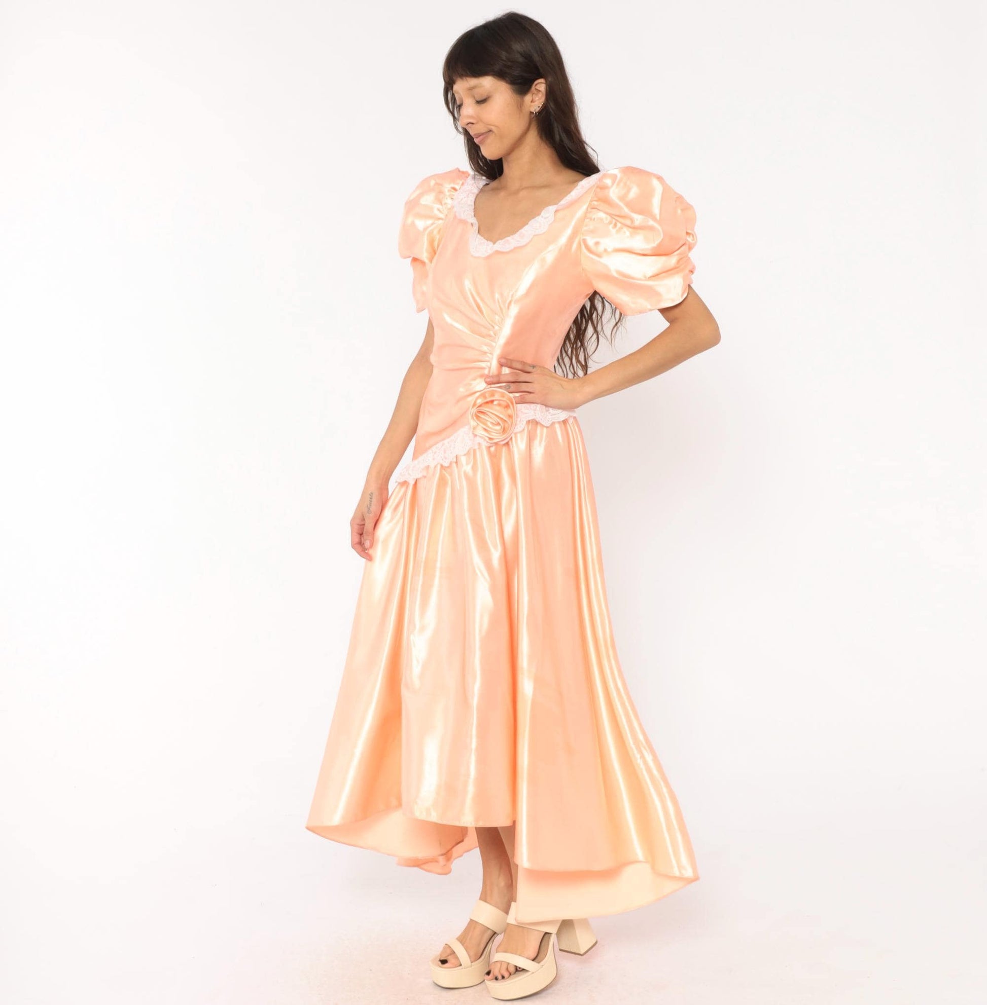 80s Peach Satin Prom Gown Puff Sleeve V Neck Drop Waist Rosette Medium
