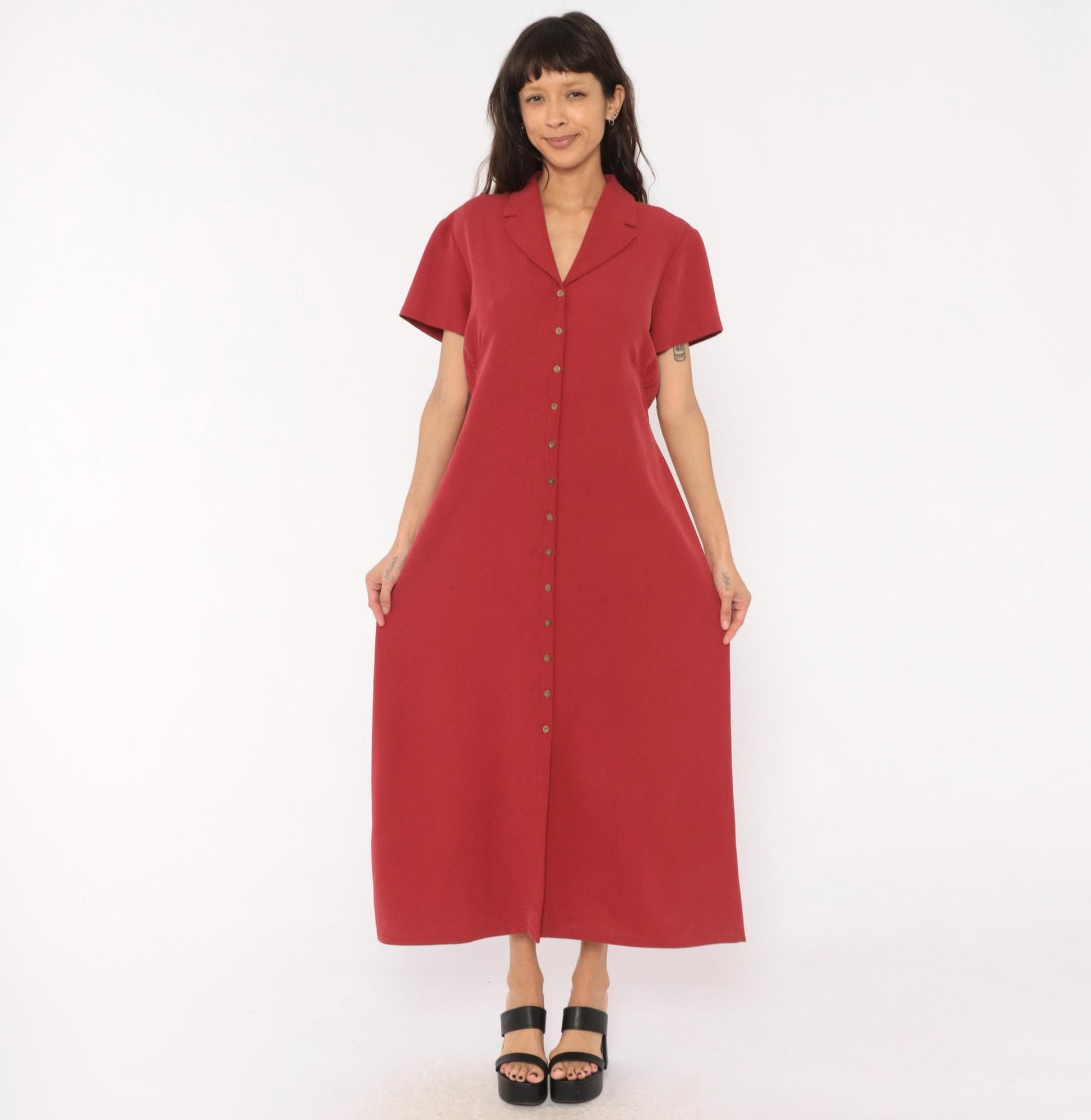 90s Liz Claiborne Burgundy Maxi Shirtdress Notched Collar Button Front Extra Large
