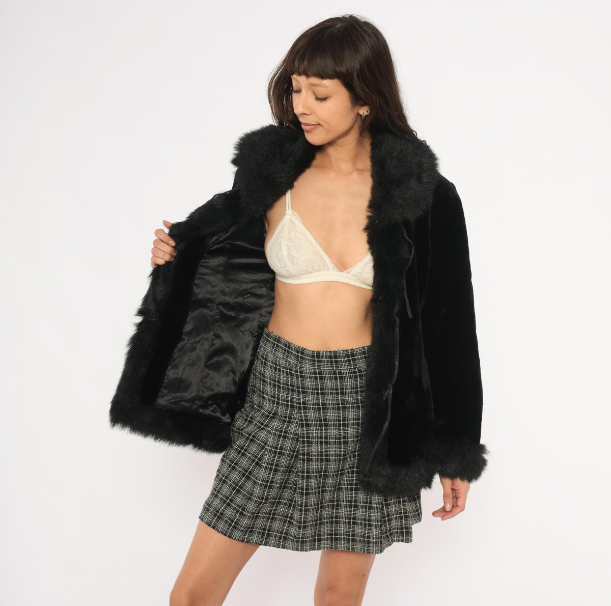 Y2K Black Faux Fur Jacket Tie Front Cropped Collar Small S