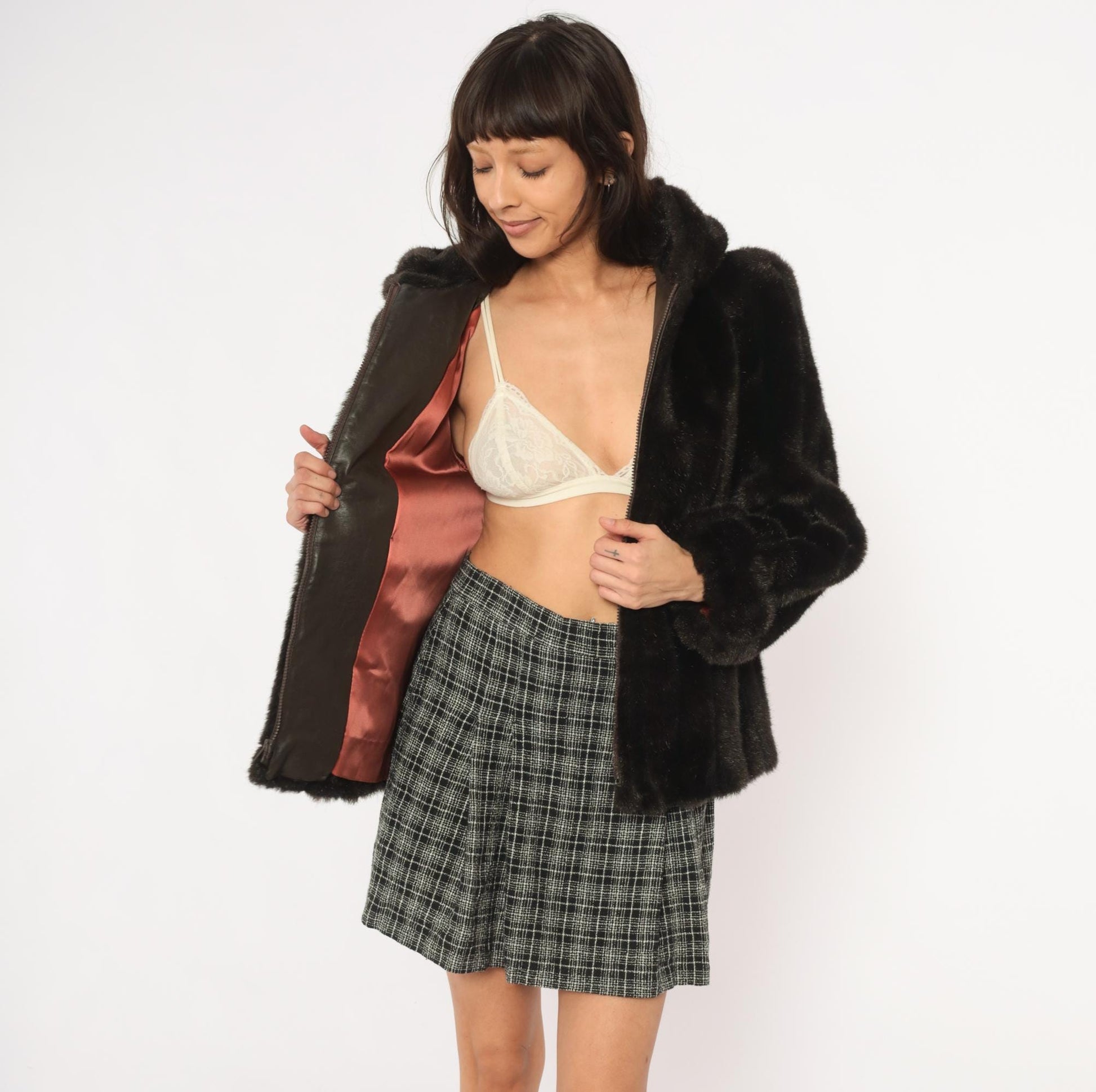 80s Outerlayers Faux Fur Hooded Jacket Dark Brown Zip Coat Medium