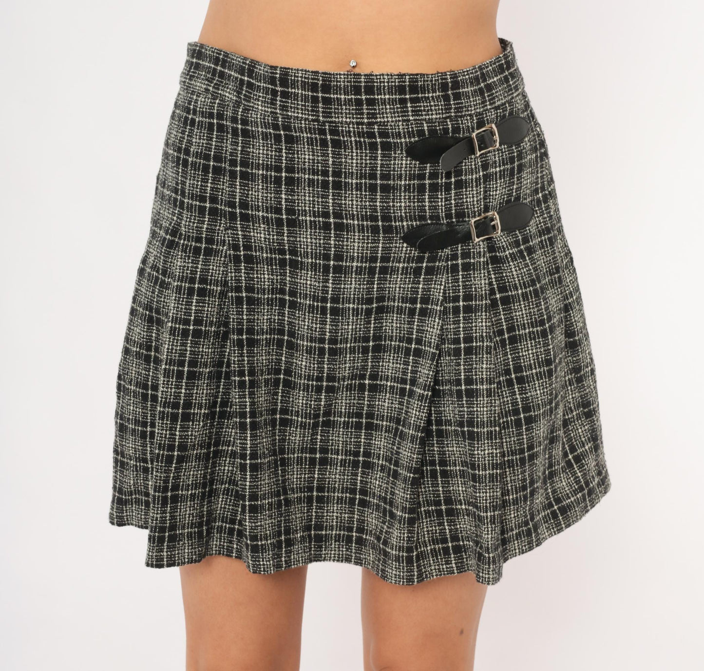 90s Jeffrey Craig Black White Plaid Mini Skirt Buckle Wrap Small S