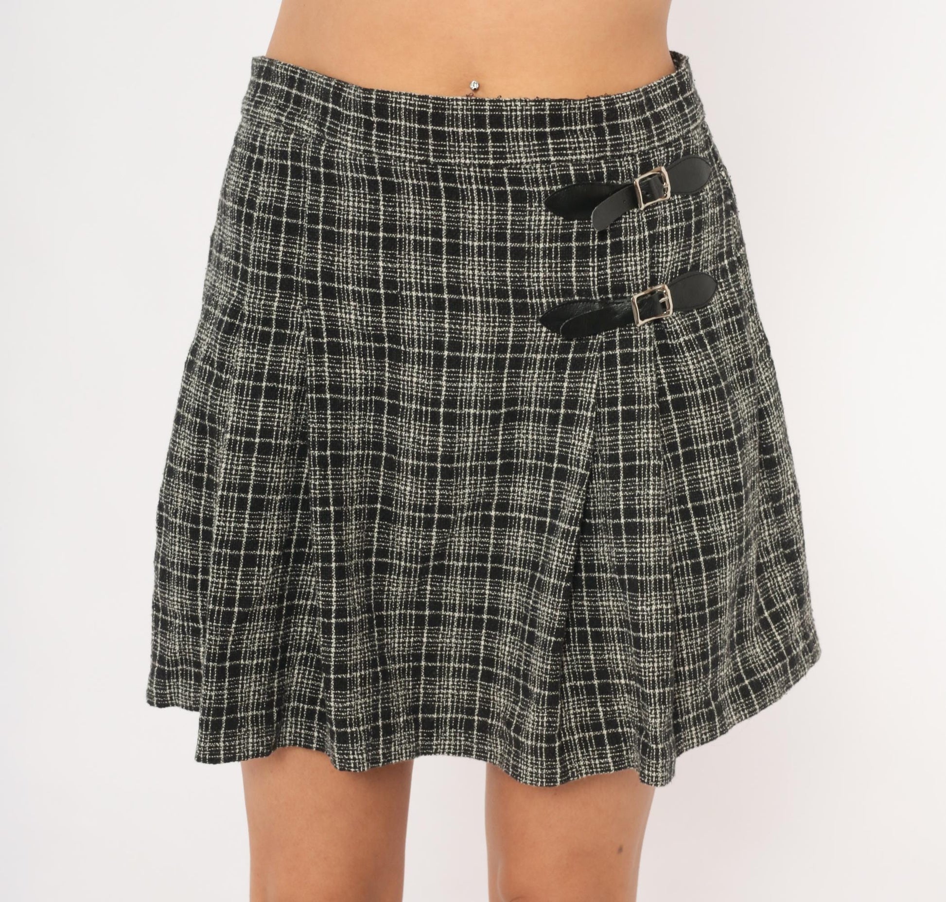 90s Jeffrey Craig Black White Plaid Mini Skirt Buckle Wrap Small S