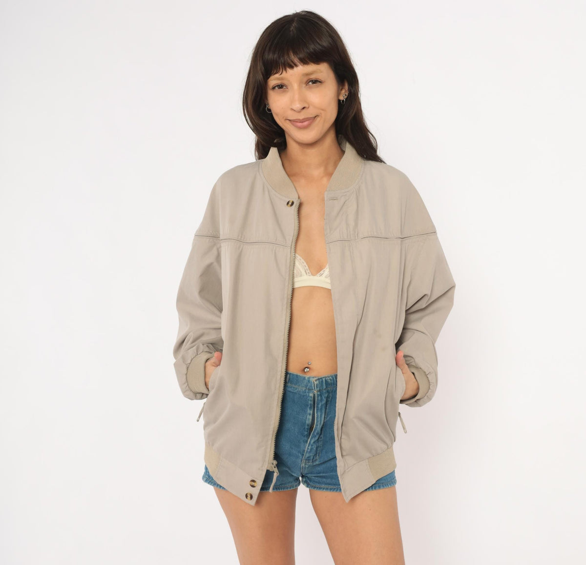 80s Windbreaker Bomber Jacket Tan Ribbed Knit Collar Small