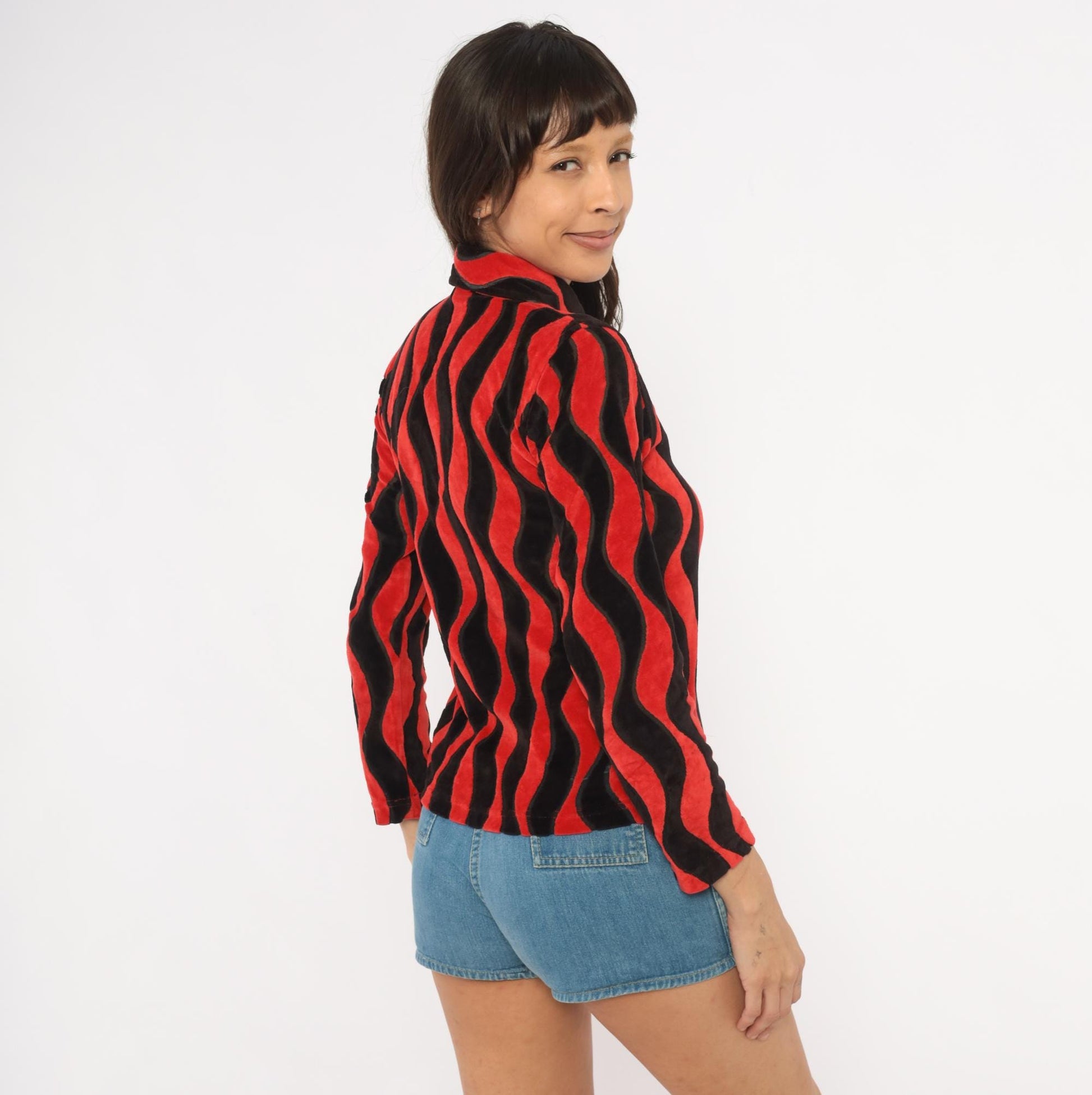 Y2K Psychedelic Wave Collared Shirt Red Black Wavy Stripe Long Sleeve Extra Small