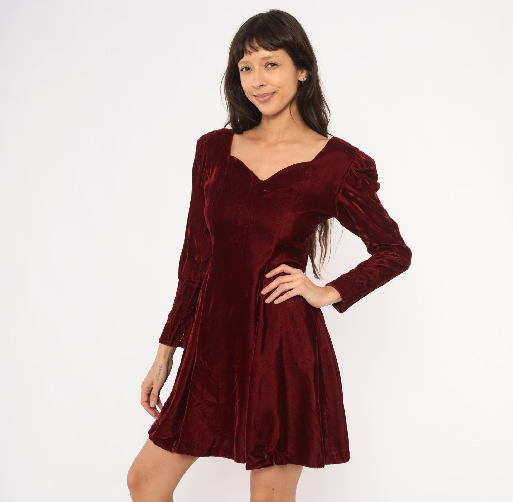 90s Perspective Burgundy Velvet Mini Dress Sweetheart Neckline Puff Sleeve Small S