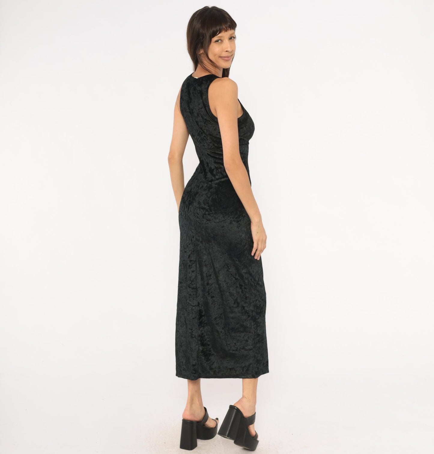 90s Hana Black Crushed Velvet Maxi Dress Sleeveless Scoop Neck Small S