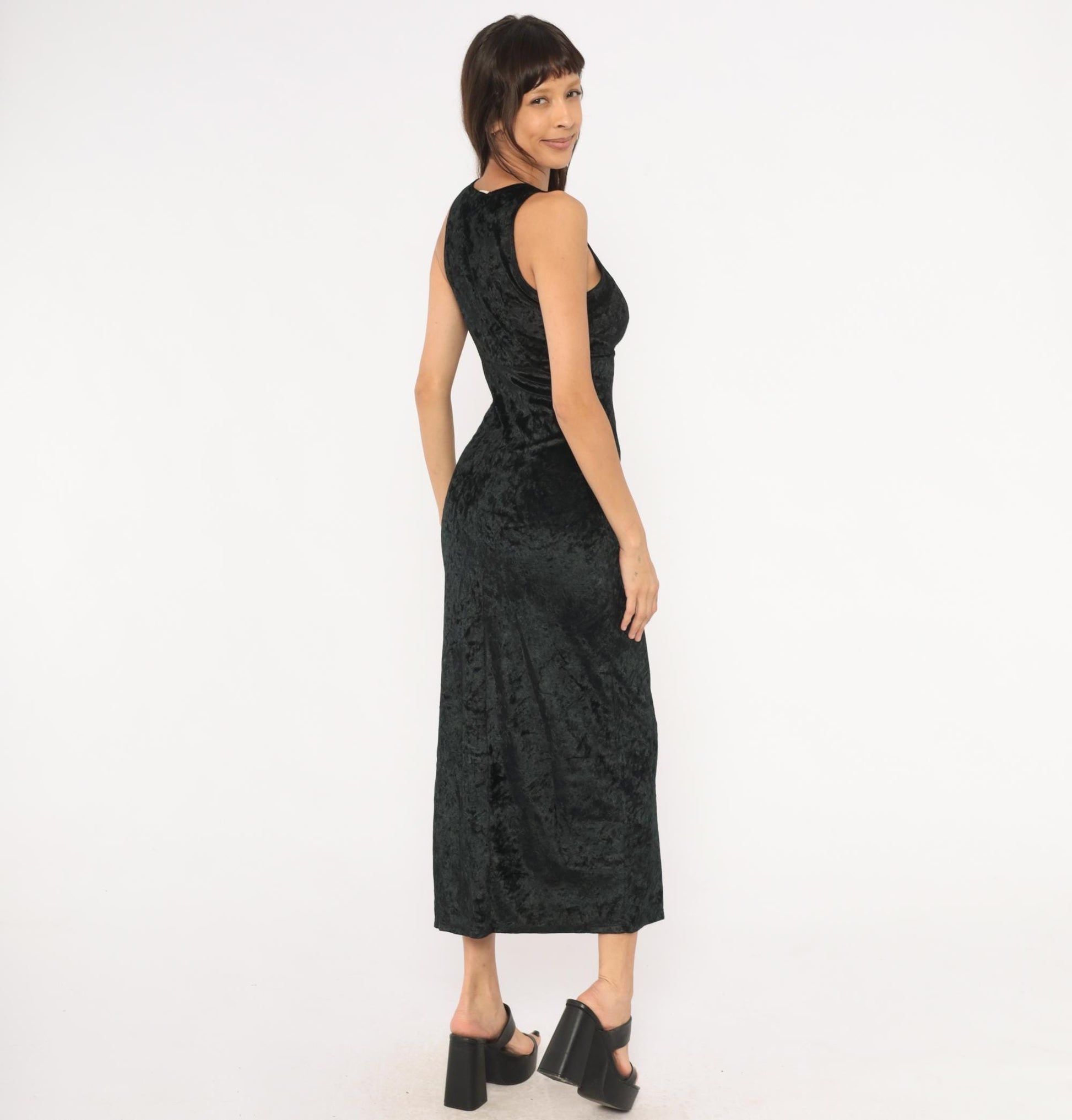 90s Hana Black Crushed Velvet Maxi Dress Sleeveless Scoop Neck Small S