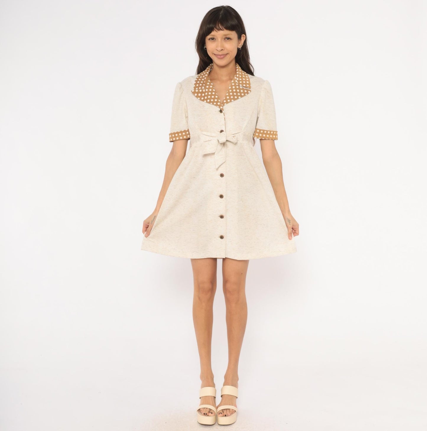 70s Cream Polka Dot Collar Shirtdress Puff Sleeve Tie Waist Knee-Length Medium M