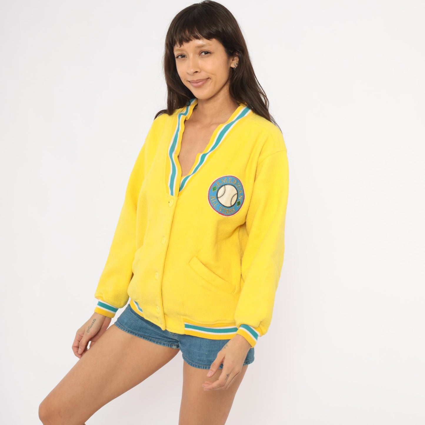 90s Energie Yellow Varsity Cardigan Baseball Patch Teal Striped Small S