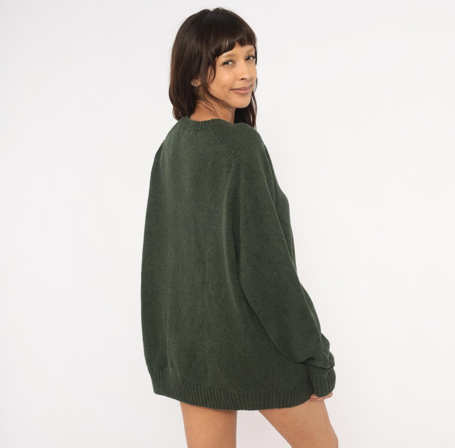 90s Lands End Dark Olive Cotton Knit Crewneck Pullover Extra Large XL