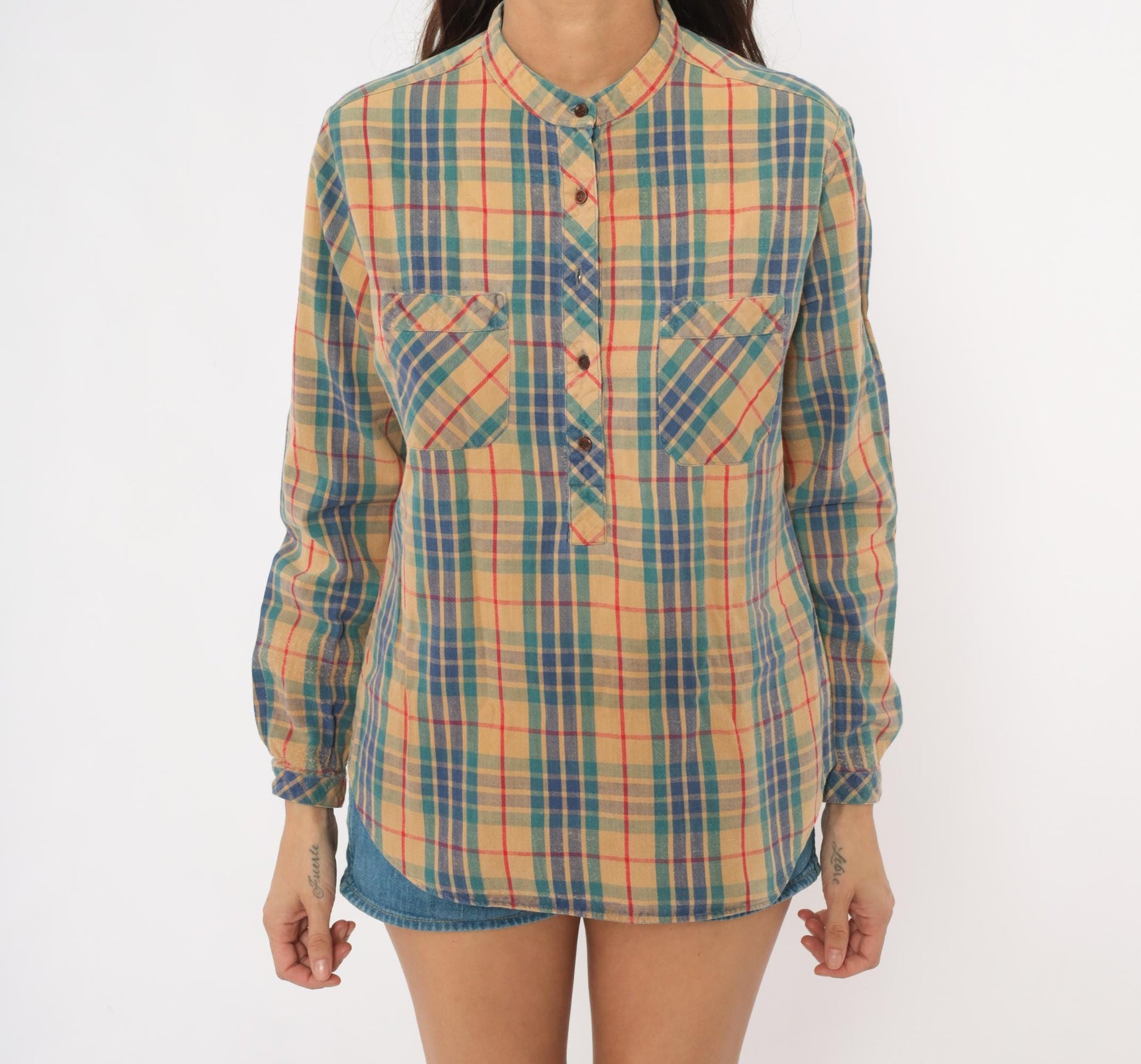 80s Hot Line Mervyns Plaid Henley Shirt Tan Navy Teal Red Cotton Small