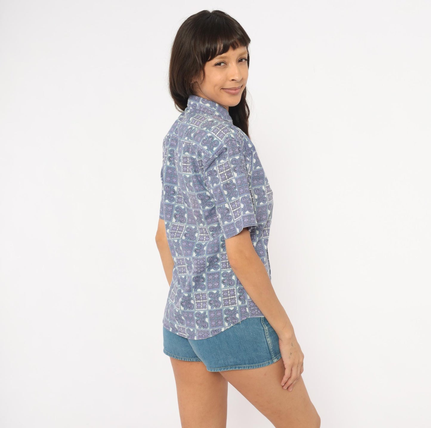 90s Tomorrow's Generation Tile Print Shirt Purple Paisley Cotton XS