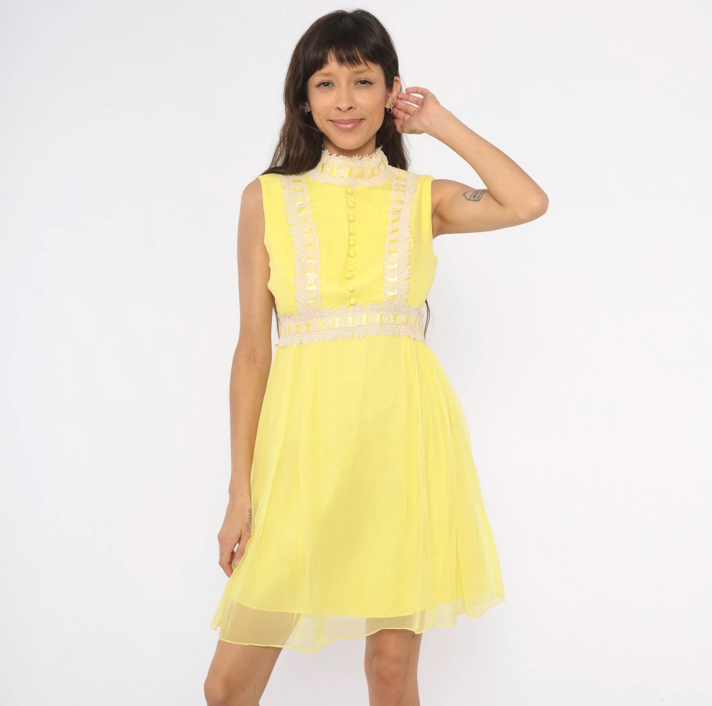 1970s Yellow Chiffon Mini Dress Lace Trim Mock Neck Pintuck Bodice Small