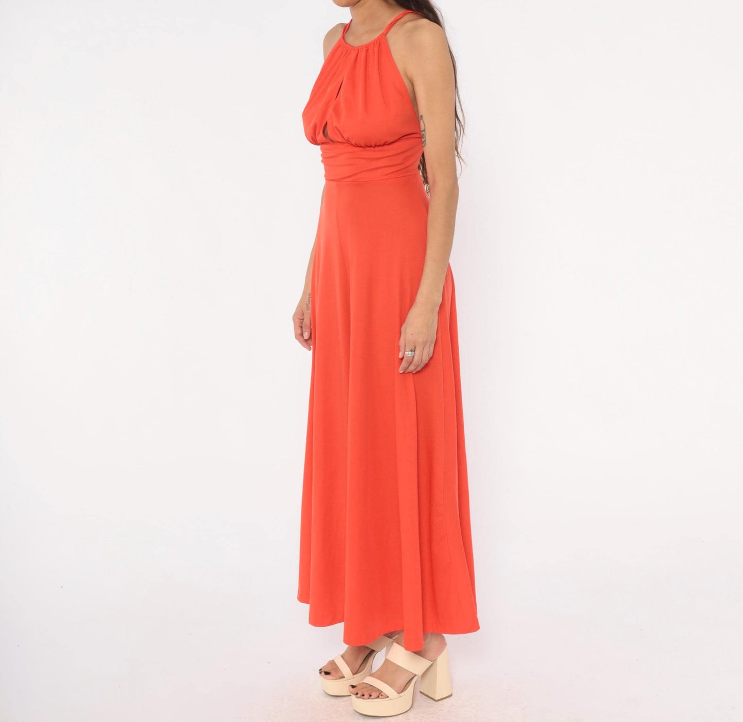 70s Misty Lane Coral Halter Maxi Dress Keyhole Neckline Extra Small XS