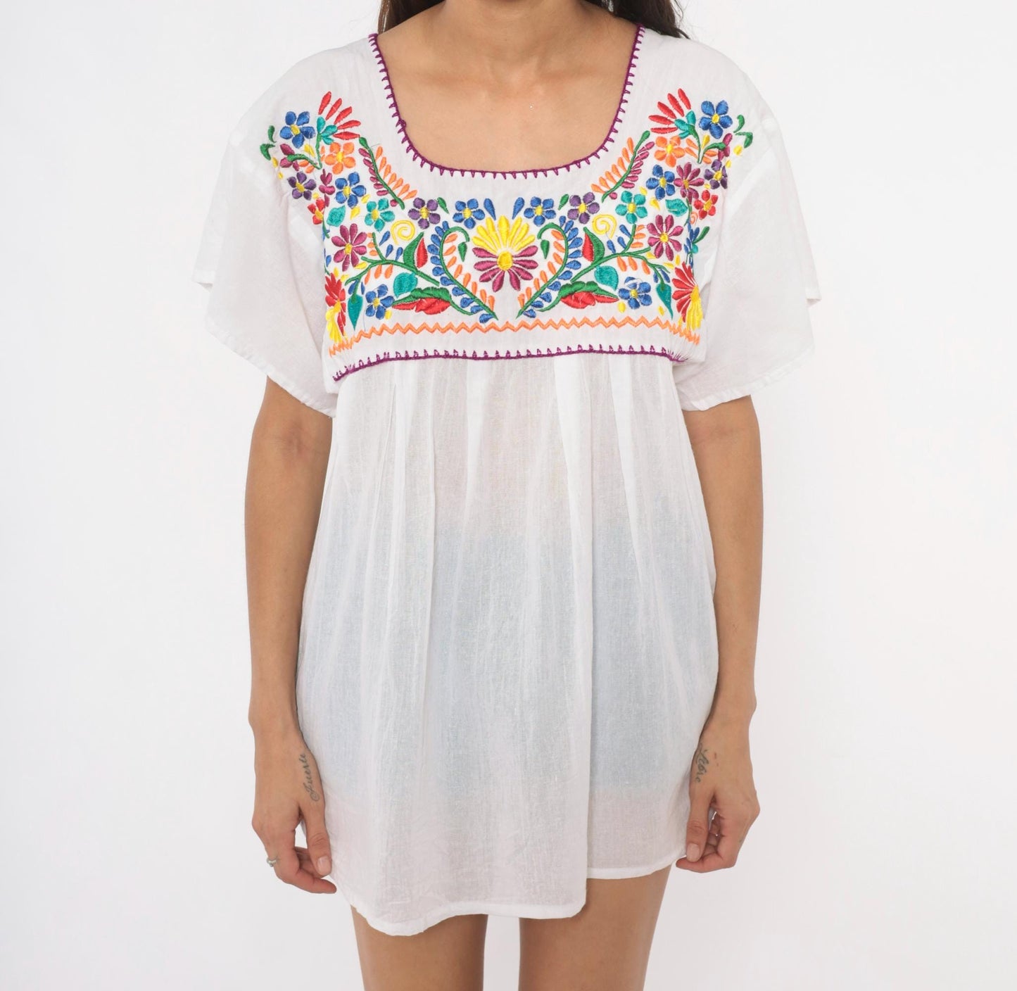 90s Mexican Embroidered Floral Blouse White Cotton Scoop Neck Large