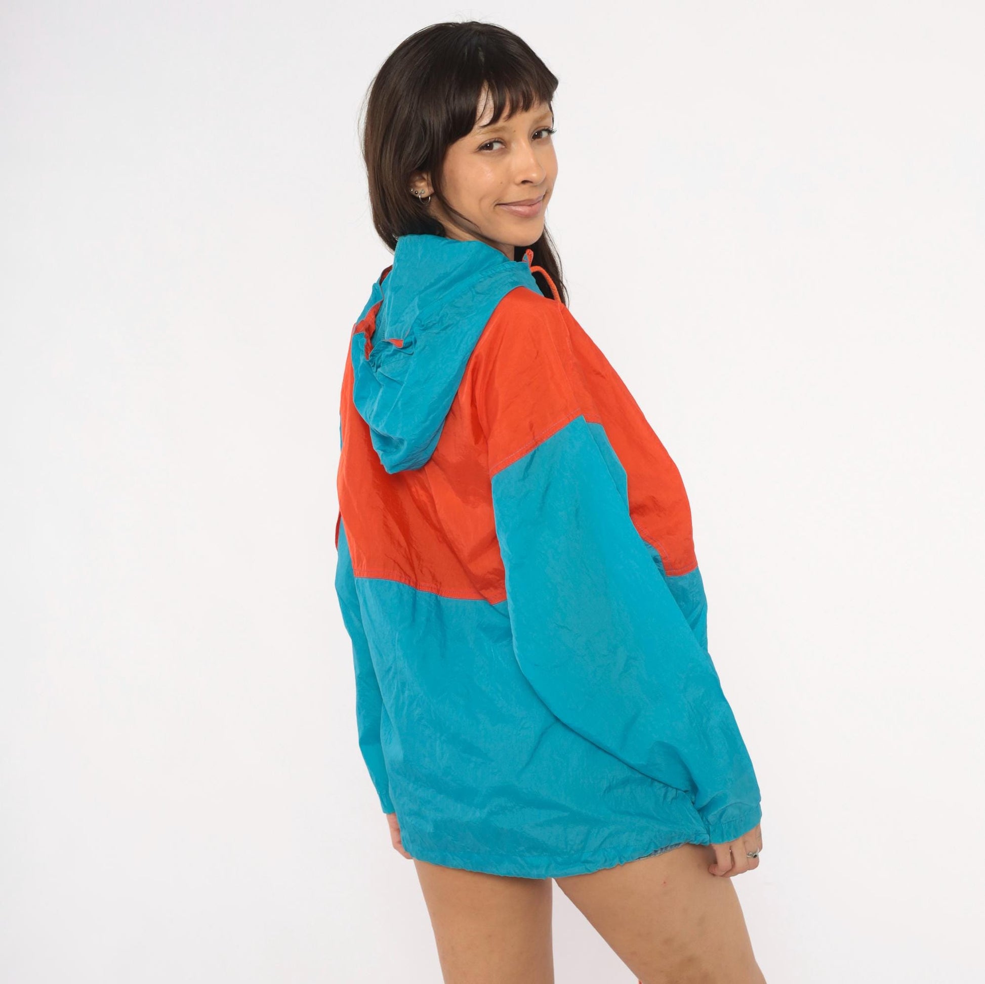 80s Sbi Teal Orange Colorblock Windbreaker Hooded Nylon Jacket Small