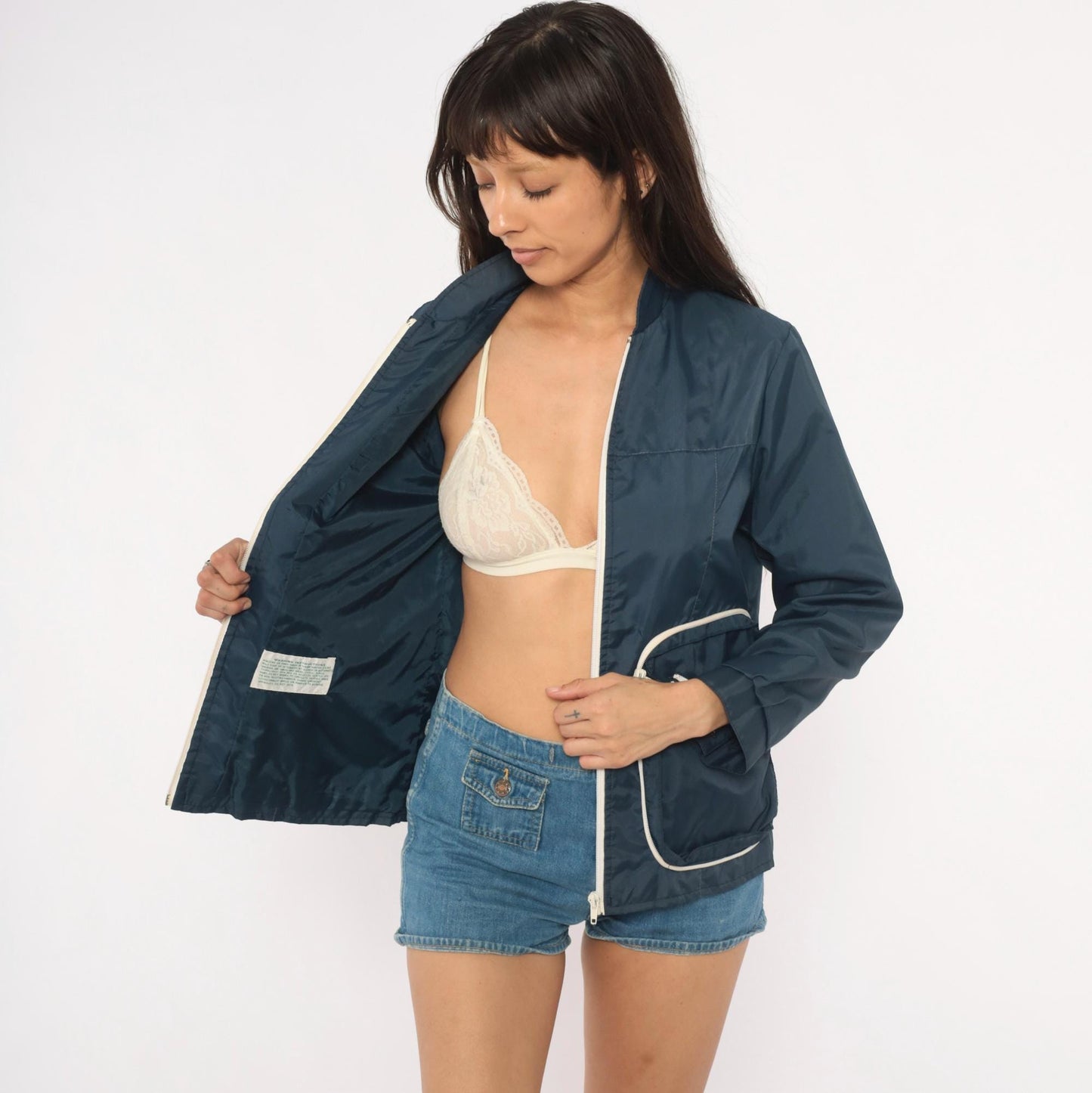 70s Navy Windbreaker White Contrast Zipper Stand Collar Shell Jacket Small S