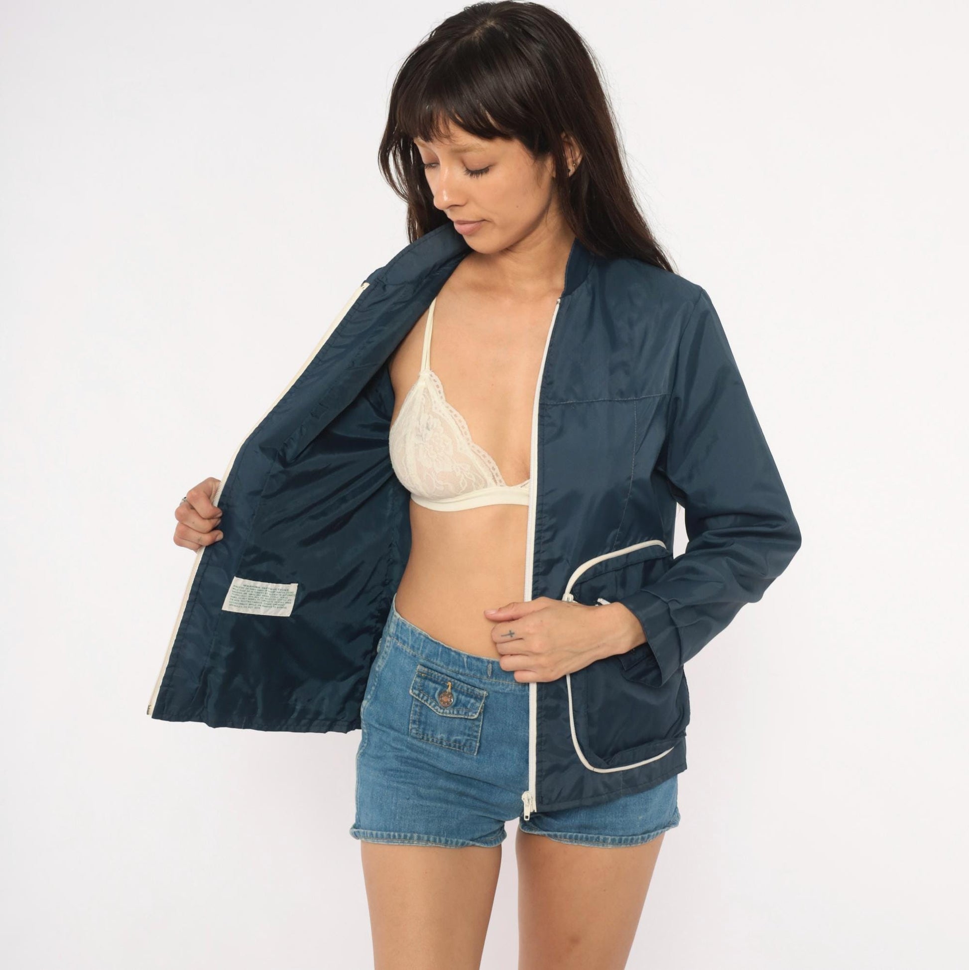 70s Navy Windbreaker White Contrast Zipper Stand Collar Shell Jacket Small S