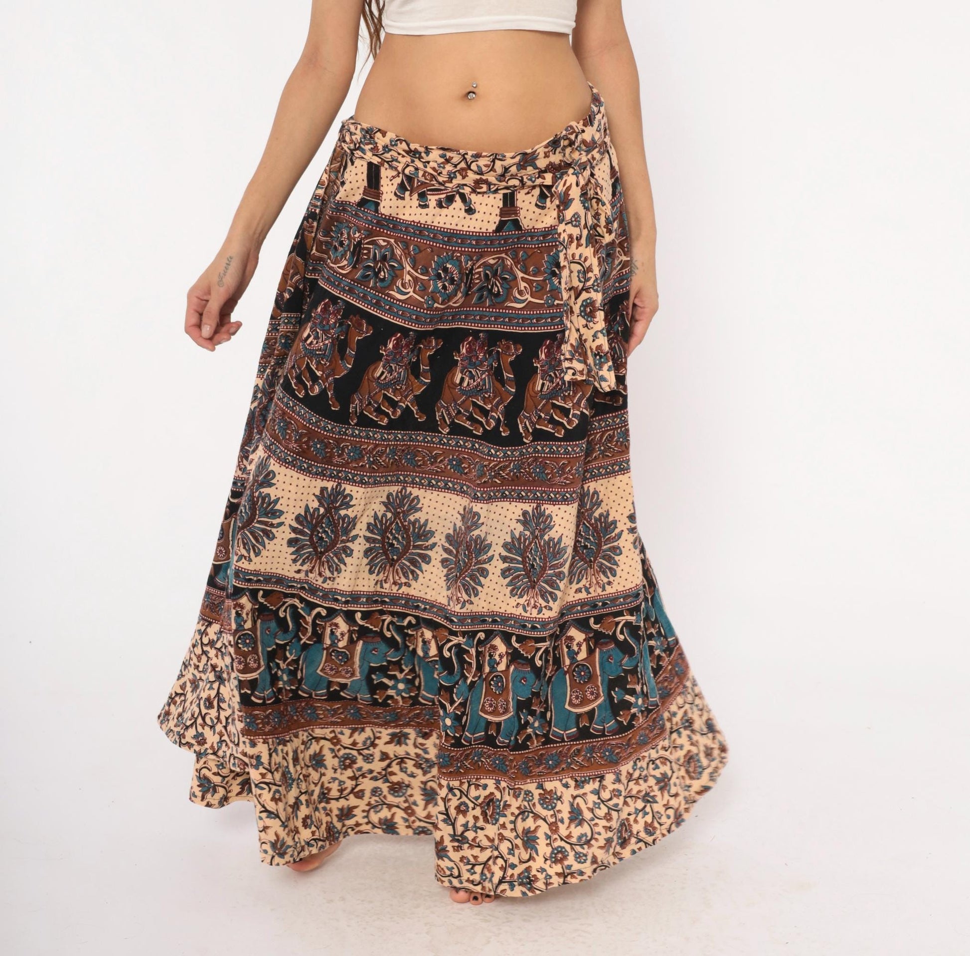 90s Indian Block Print Cotton Wrap Skirt Elephant Peacock Tan Black Teal Small-Large