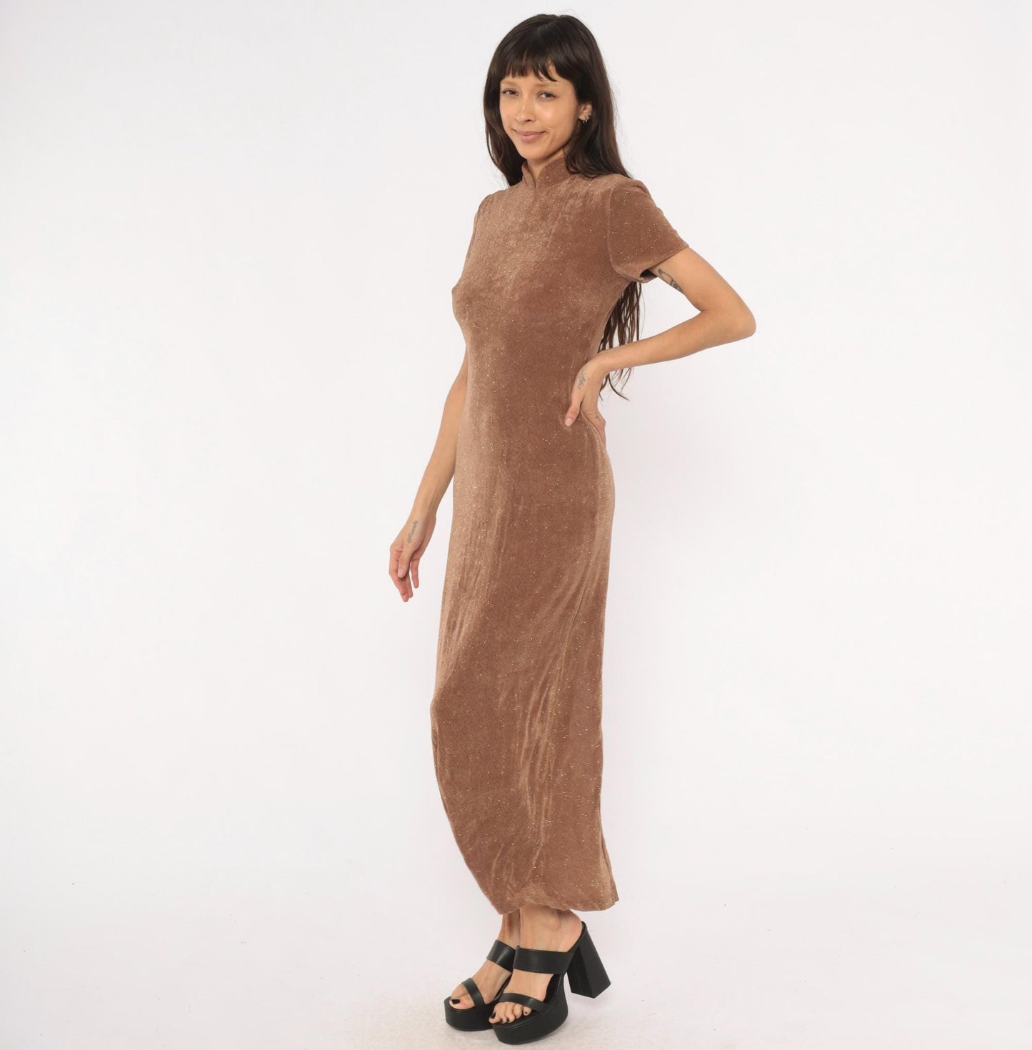 90s Jessica Howard Mocha Velvet Maxi Dress Glitter Mock Neck Small