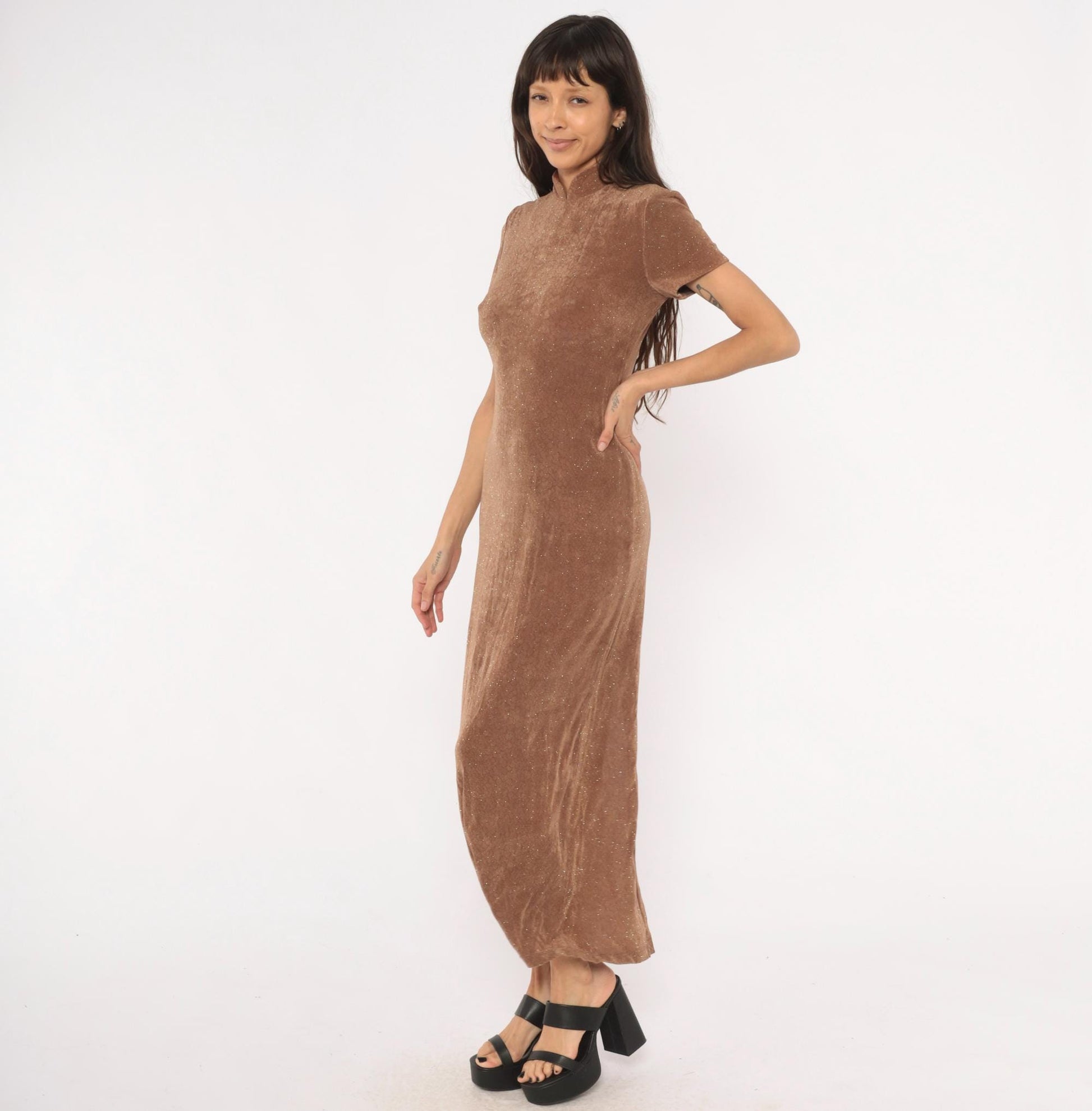 90s Jessica Howard Mocha Velvet Maxi Dress Glitter Mock Neck Small