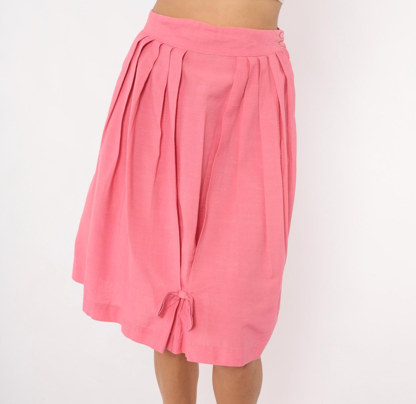 60s Pink Pleated Skirt High Waist Bubble Bow Tie Full Skirt Small