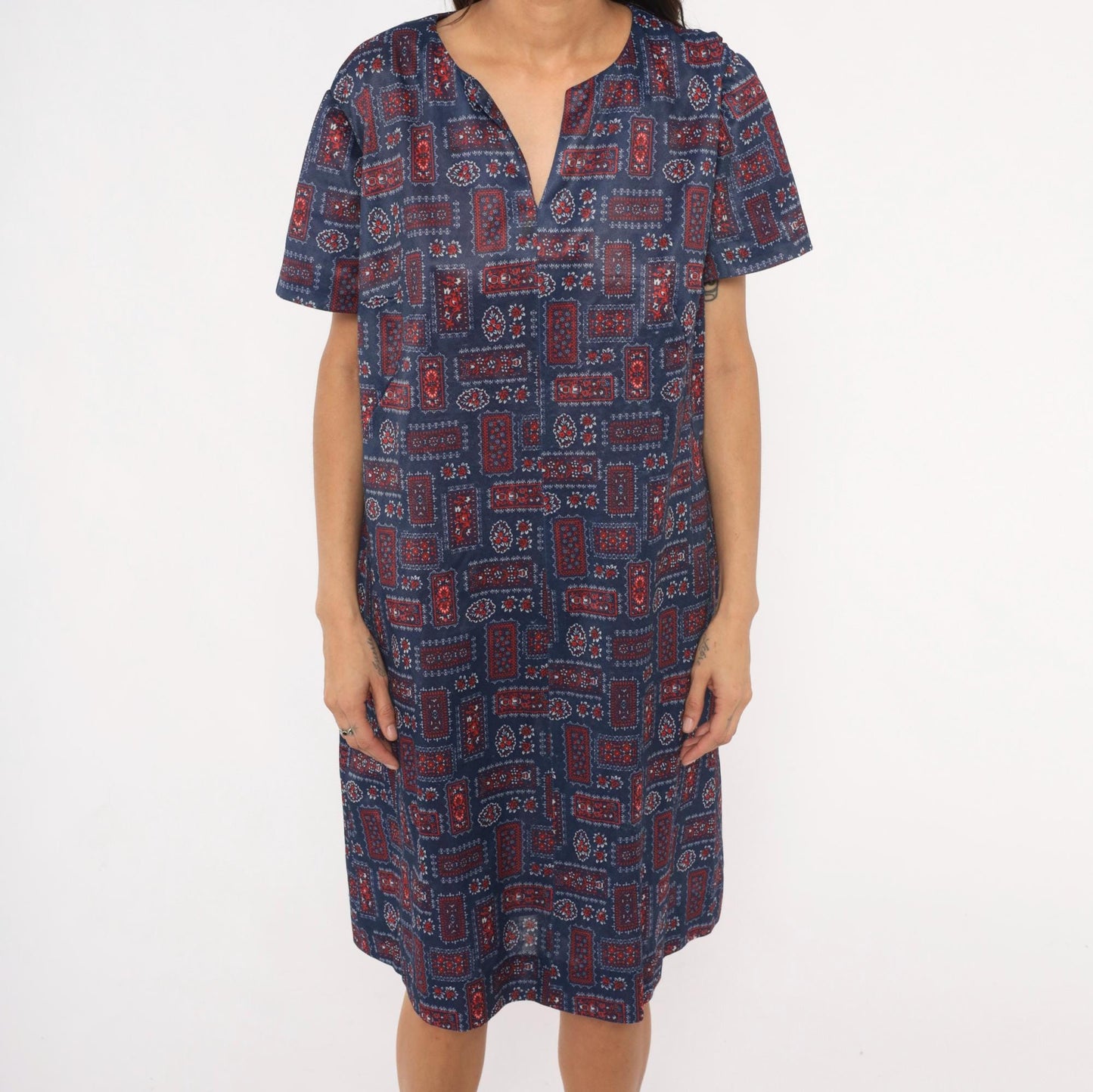 70s Navy Bandana Patchwork Shift Dress Red Floral Folk Print Knee Length Extra Large